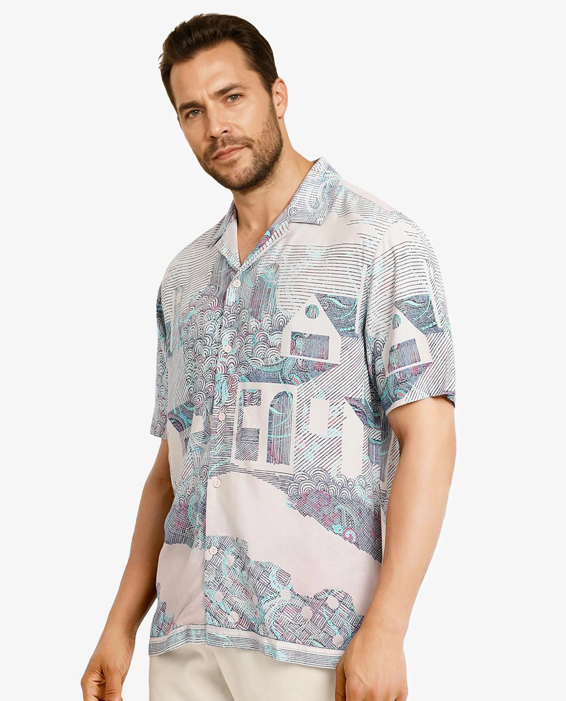 Rare Rabbit Men Lanco Pastel Pink Short Sleeve Cuban Collar Button Closure Boxy Fit Decorative Placement Print Shirt