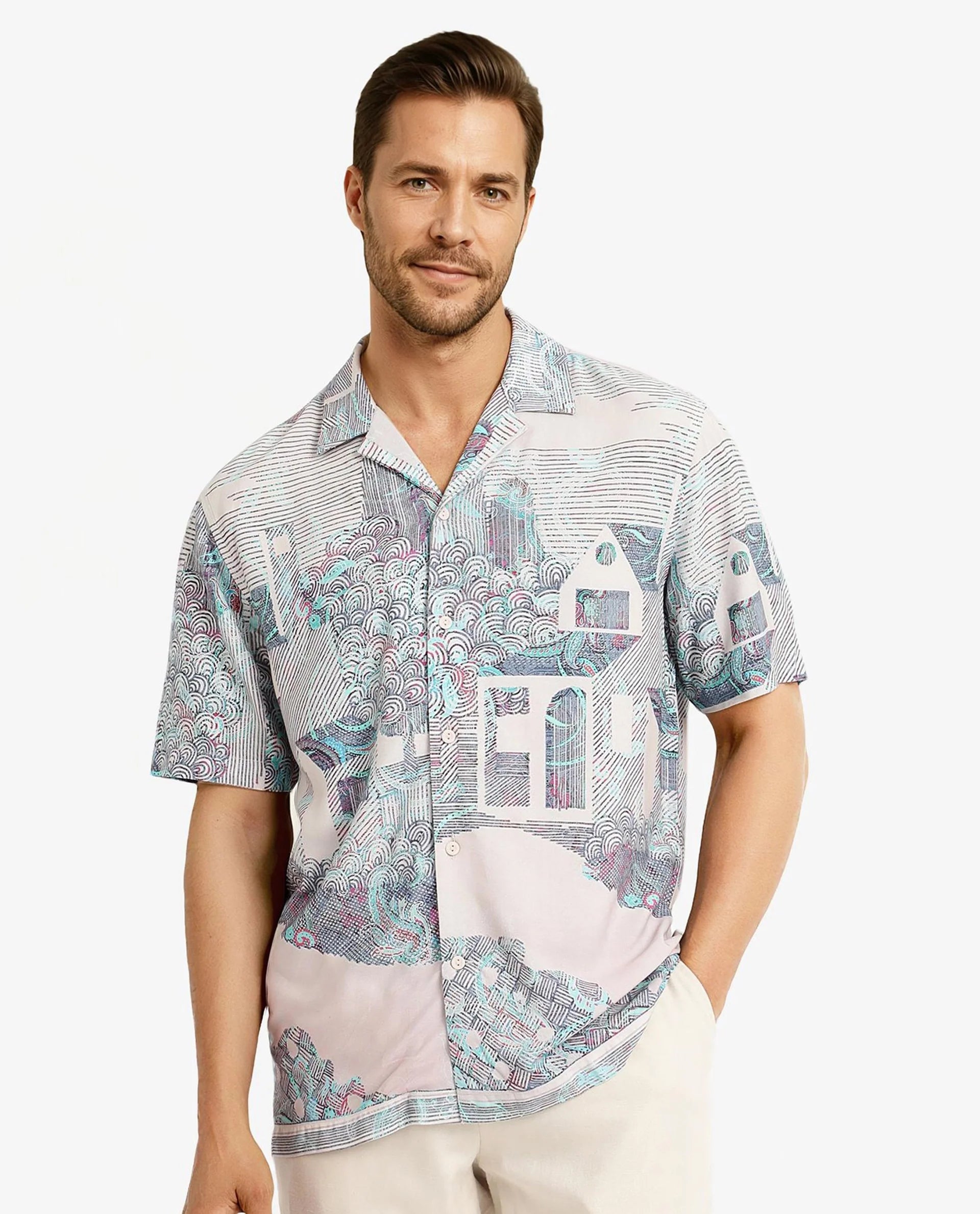 Rare Rabbit Men Lanco Pastel Pink Short Sleeve Cuban Collar Button Closure Boxy Fit Decorative Placement Print Shirt