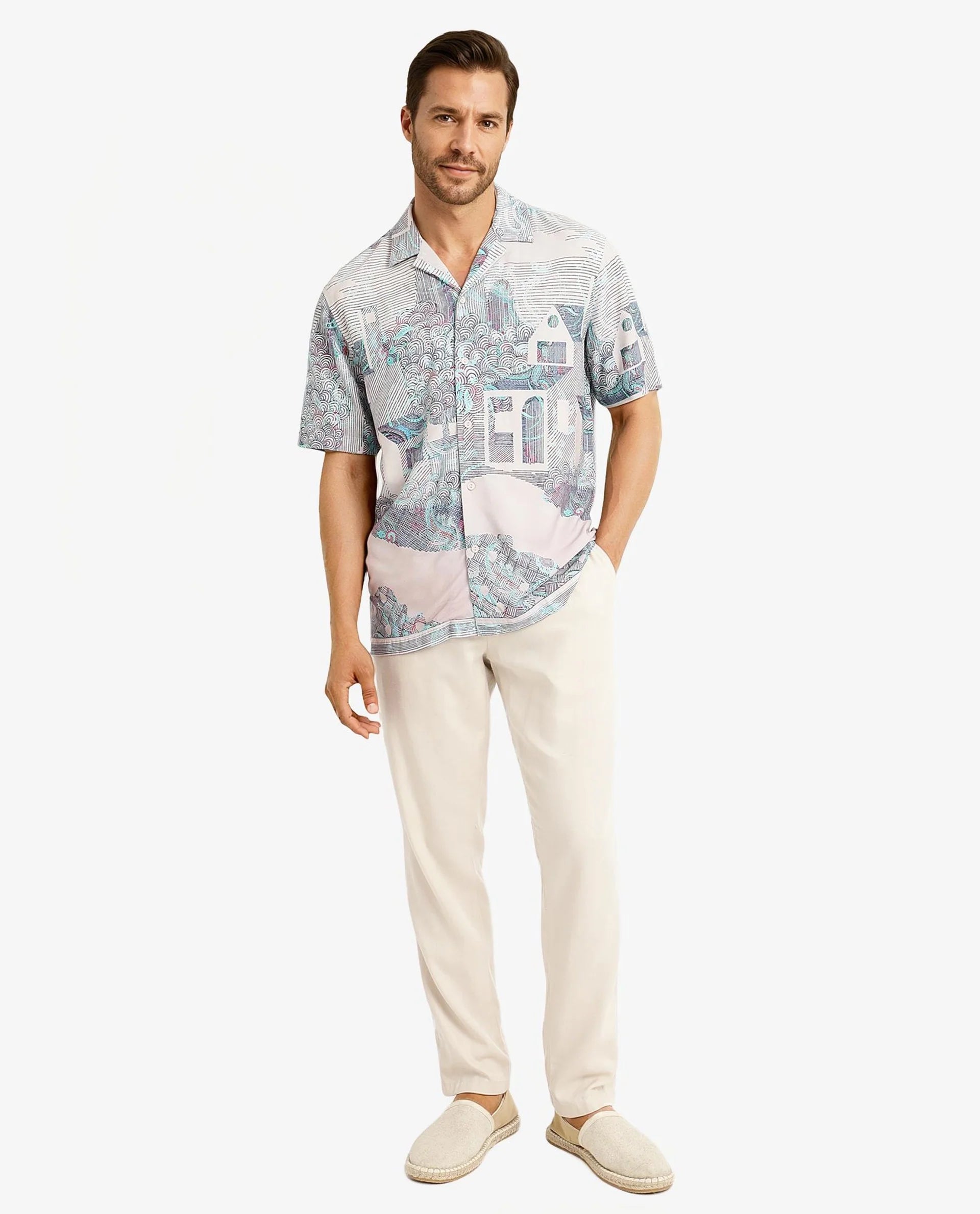 Rare Rabbit Men Lanco Pastel Pink Short Sleeve Cuban Collar Button Closure Boxy Fit Decorative Placement Print Shirt