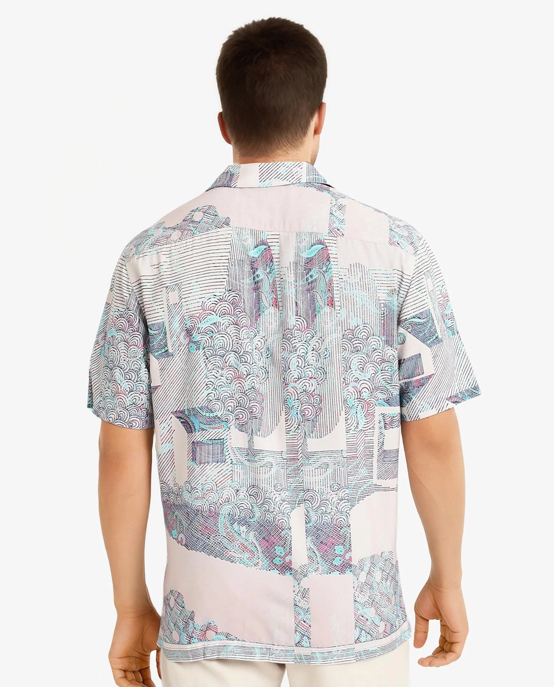 Rare Rabbit Men Lanco Pastel Pink Short Sleeve Cuban Collar Button Closure Boxy Fit Decorative Placement Print Shirt