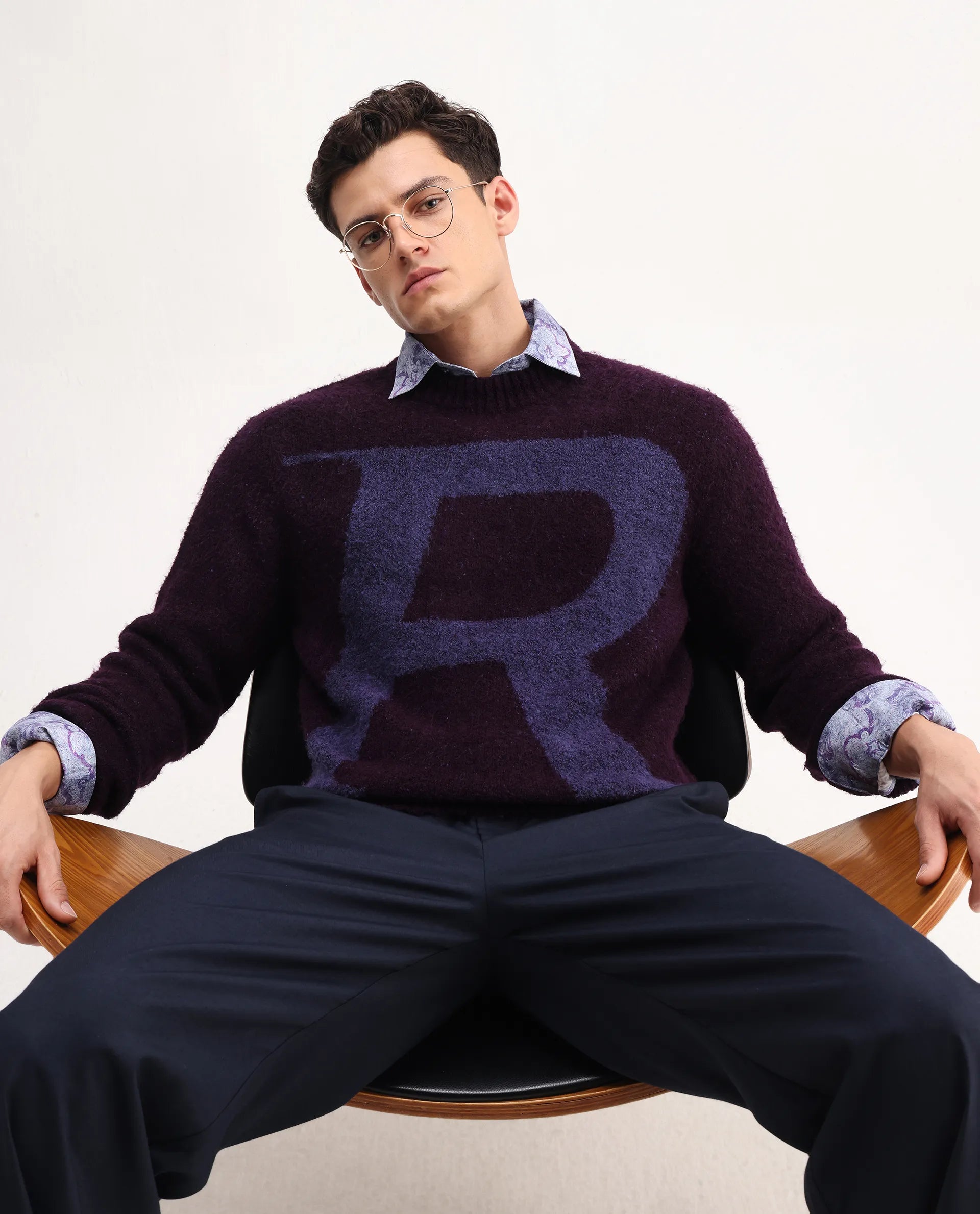 Rare Rabbit Men's Lang Purple Nylon Printed Regular Fit Full Sleeve Crew Neck Sweater