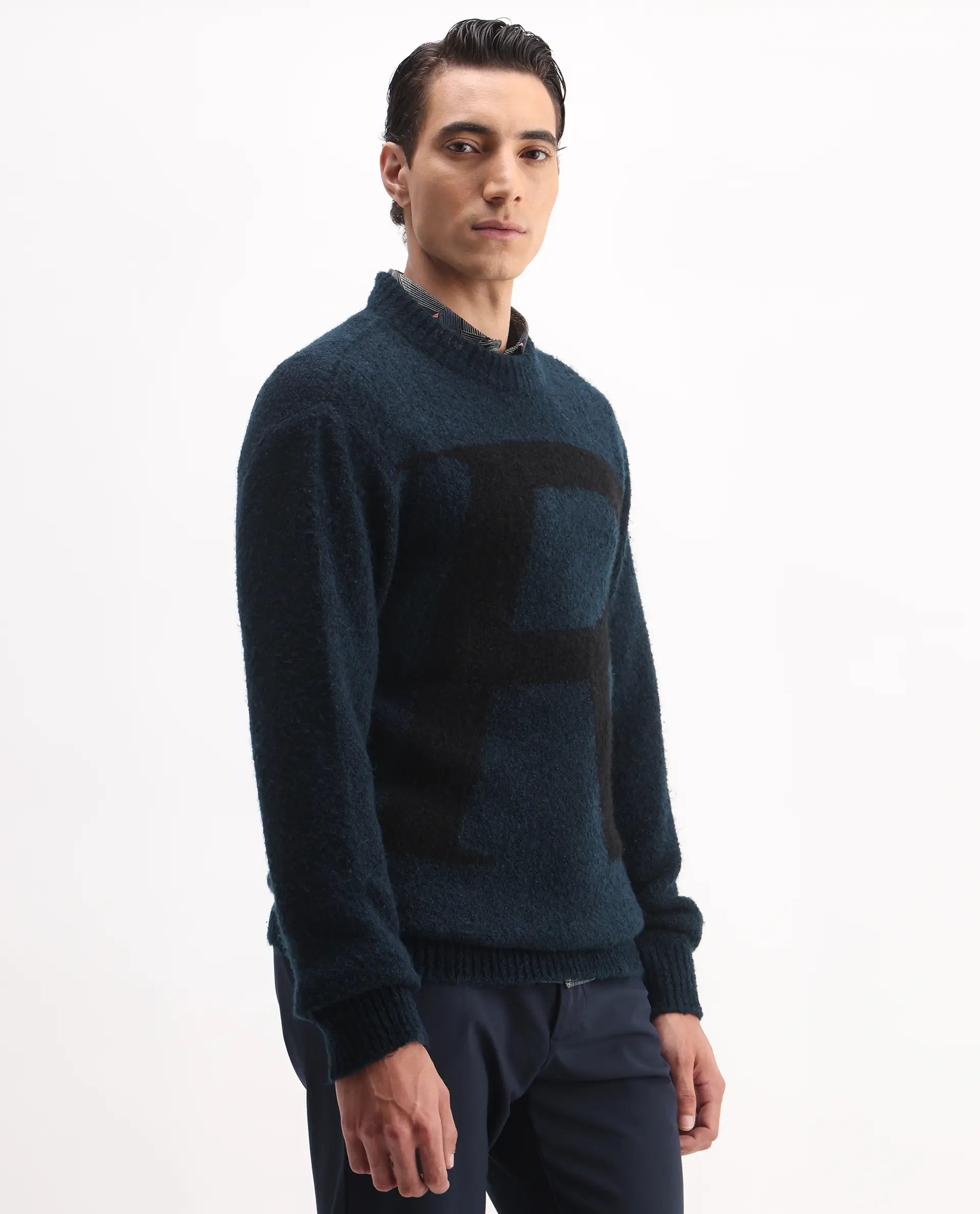 Rare Rabbit Men's Lang Teal Cotton Printed Regular Fit Full Sleeve Crew Neck Sweater