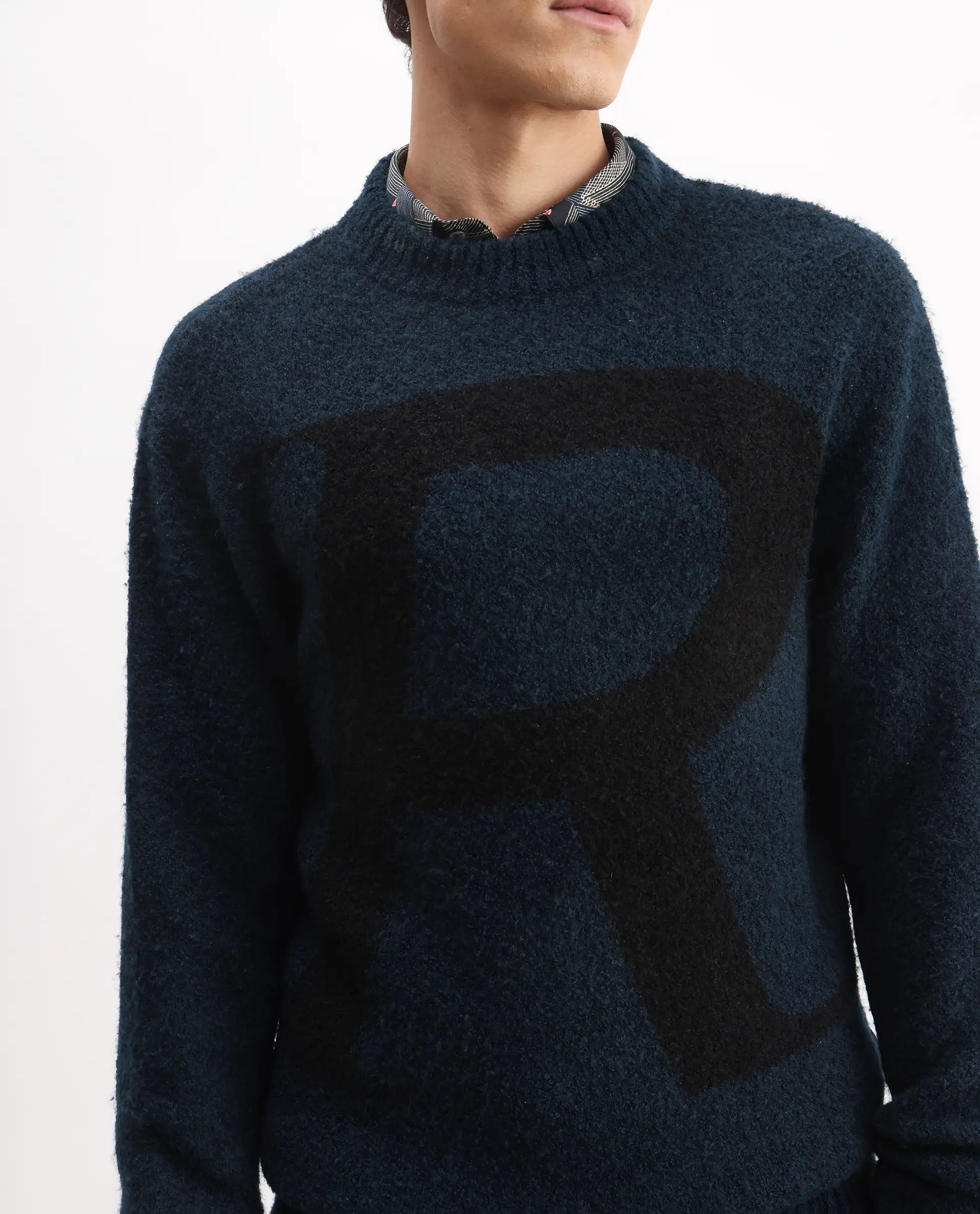 Rare Rabbit Men's Lang Teal Cotton Printed Regular Fit Full Sleeve Crew Neck Sweater