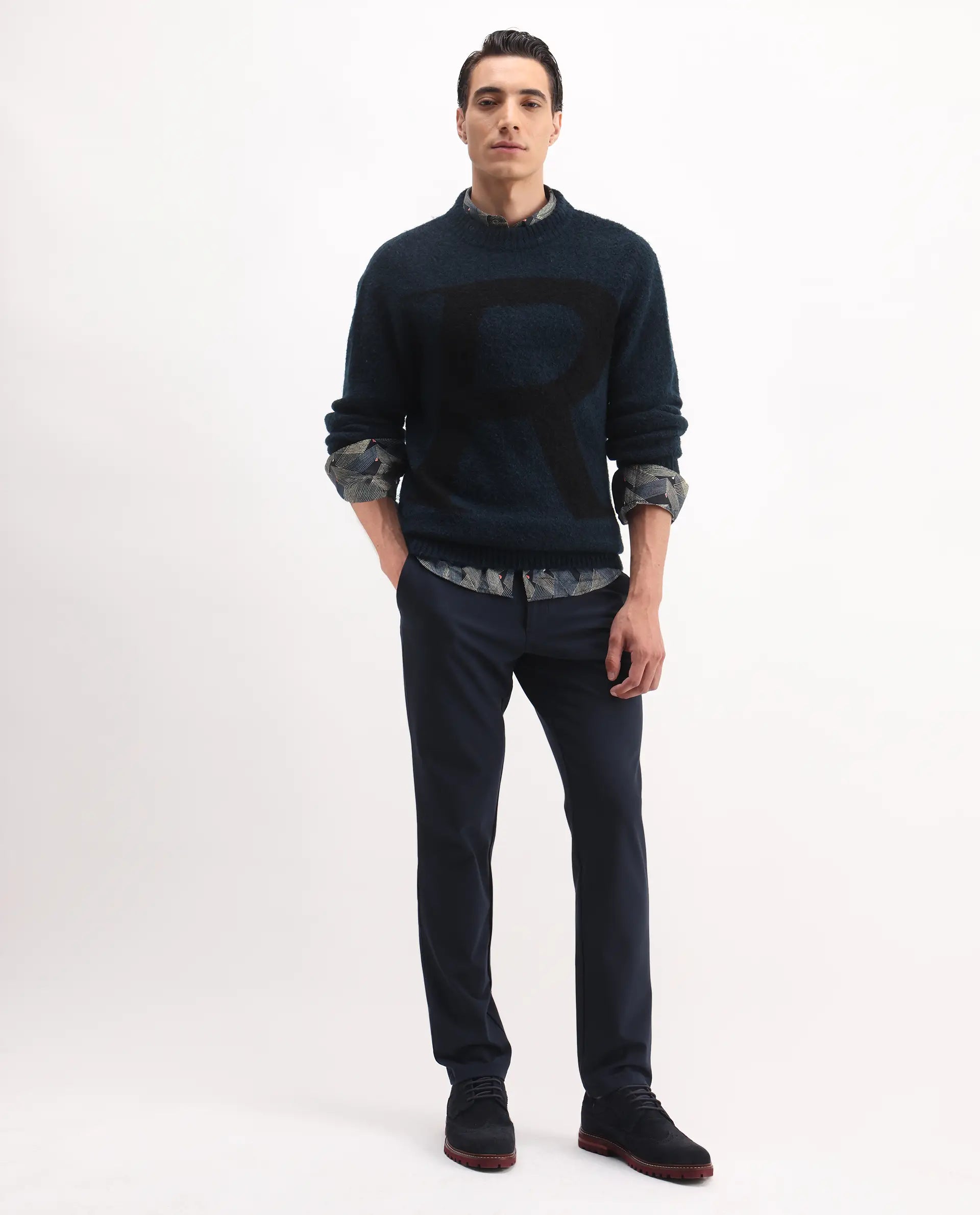 Rare Rabbit Men's Lang Teal Cotton Printed Regular Fit Full Sleeve Crew Neck Sweater