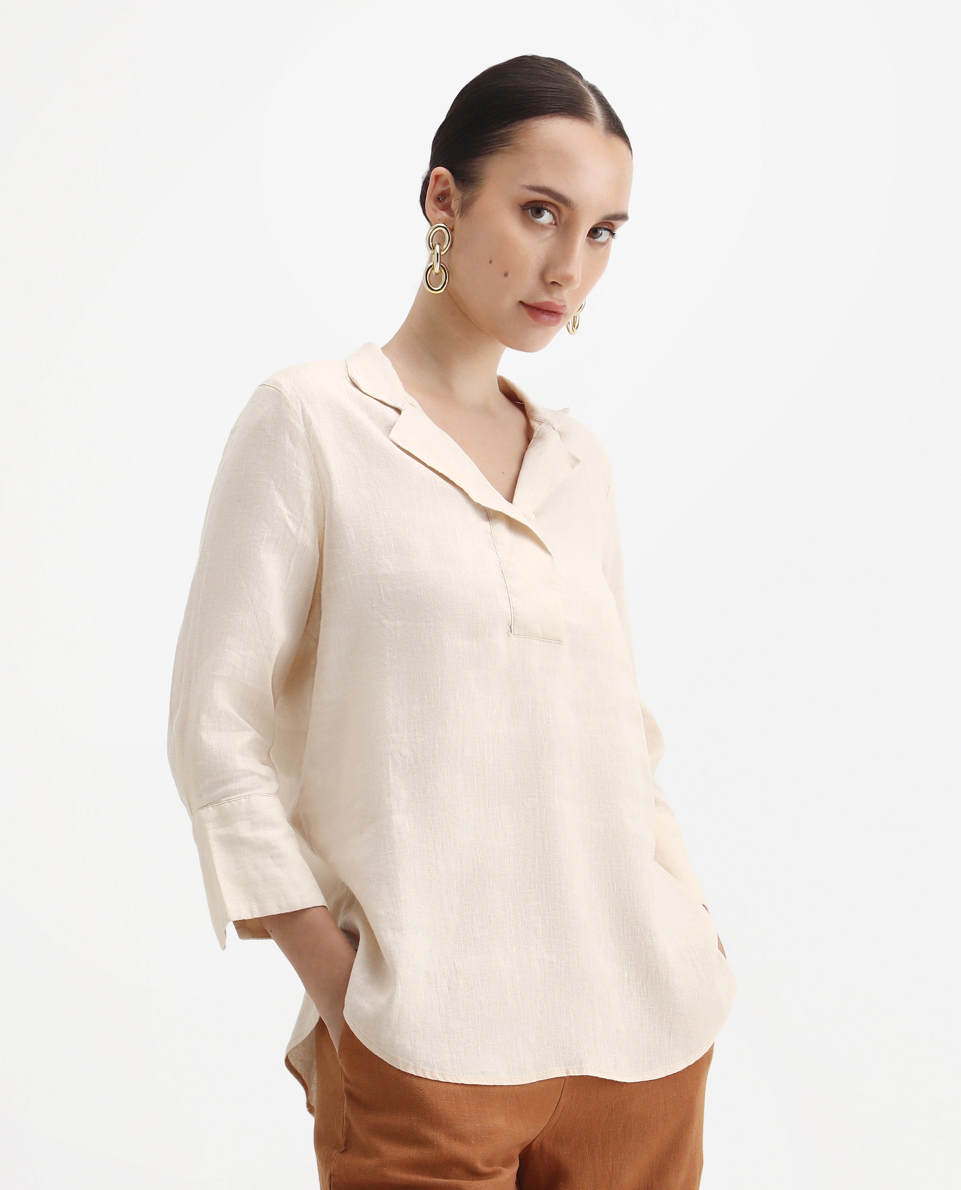 Rareism Women's Laos Pastel Beige Cotton Blend V-Neck Plain Regular Fit Top