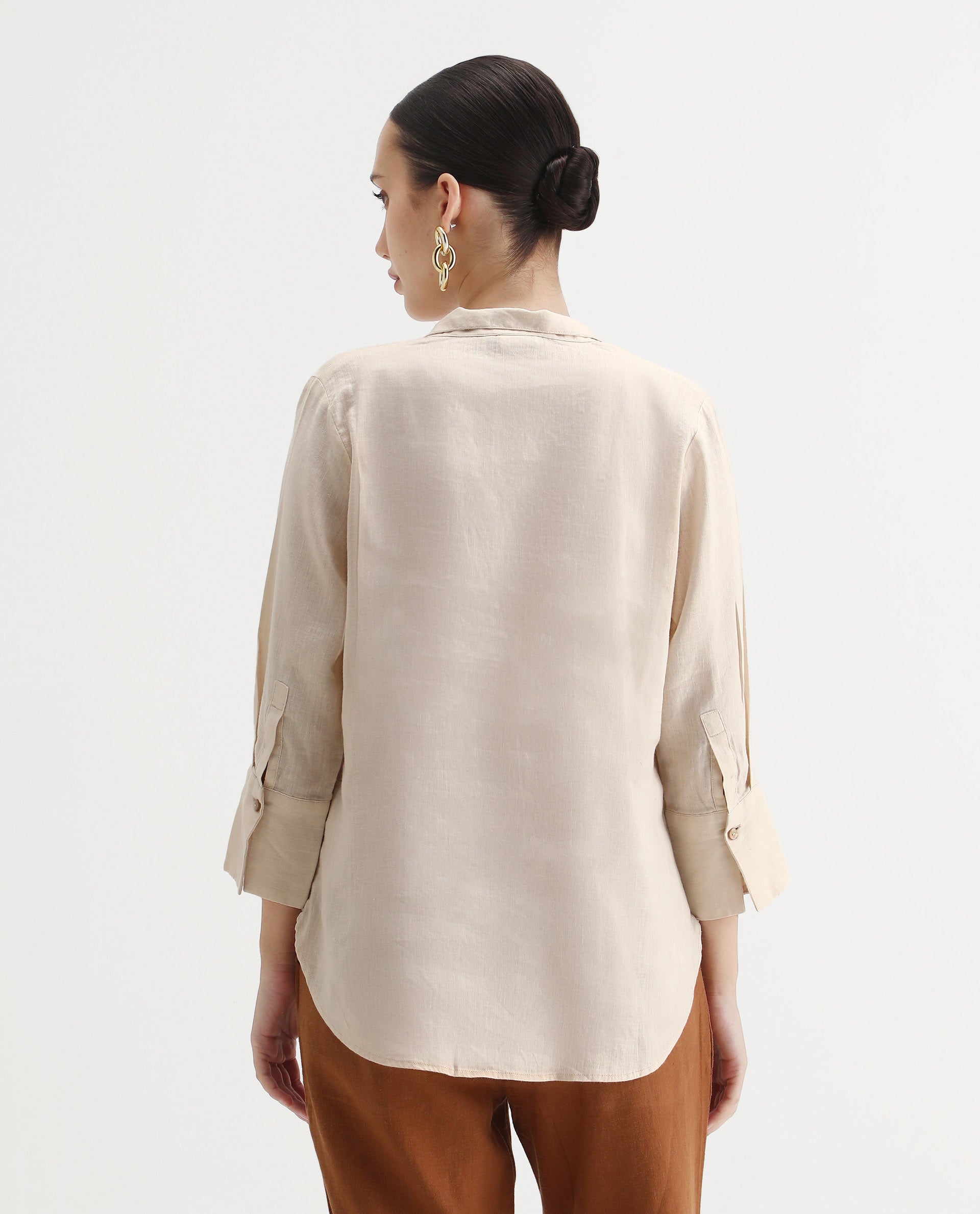 Rareism Women's Laos Pastel Beige Cotton Blend V-Neck Plain Regular Fit Top