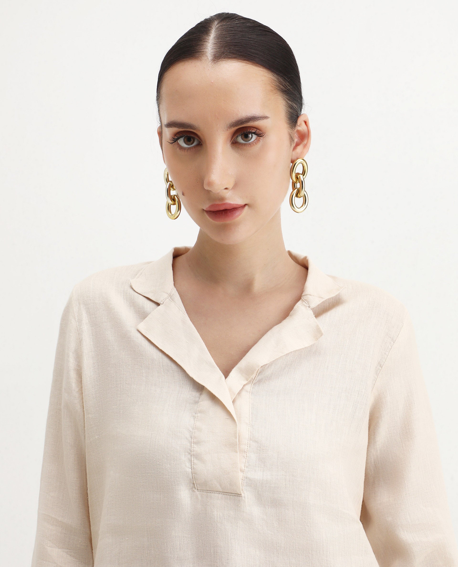 Rareism Women's Laos Pastel Beige Cotton Blend V-Neck Plain Regular Fit Top