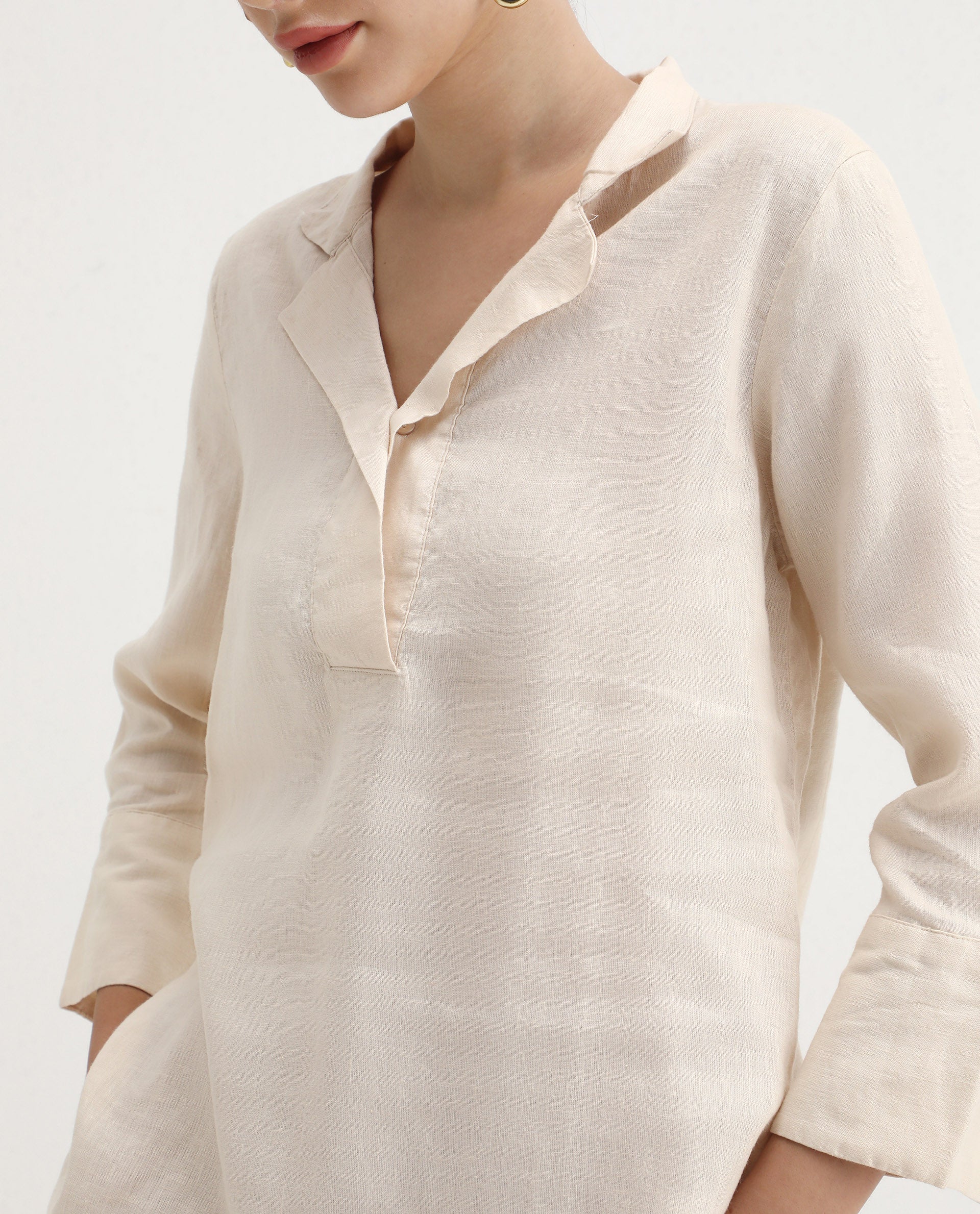 Rareism Women's Laos Pastel Beige Cotton Blend V-Neck Plain Regular Fit Top