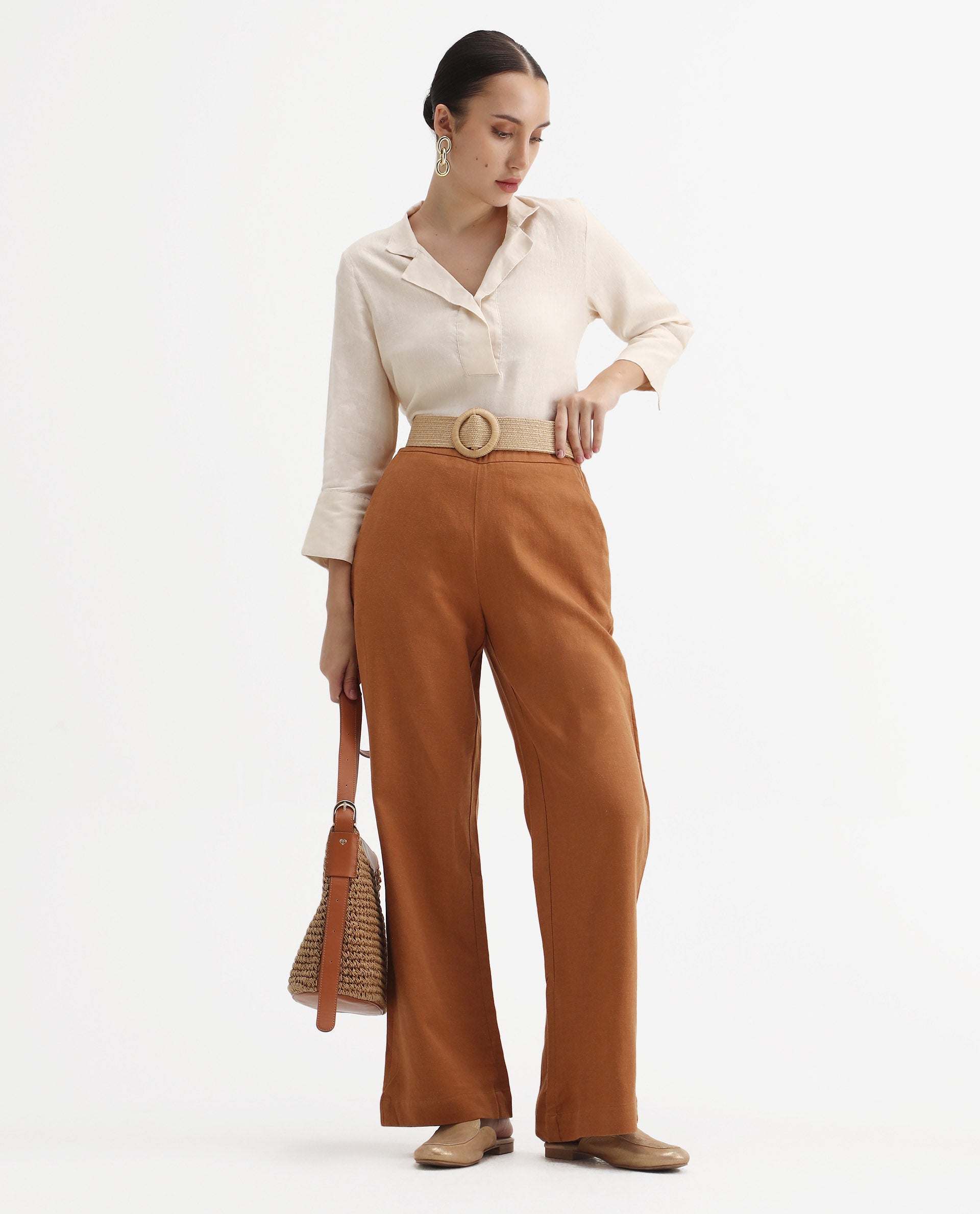 Rareism Women's Laos Pastel Beige Cotton Blend V-Neck Plain Regular Fit Top