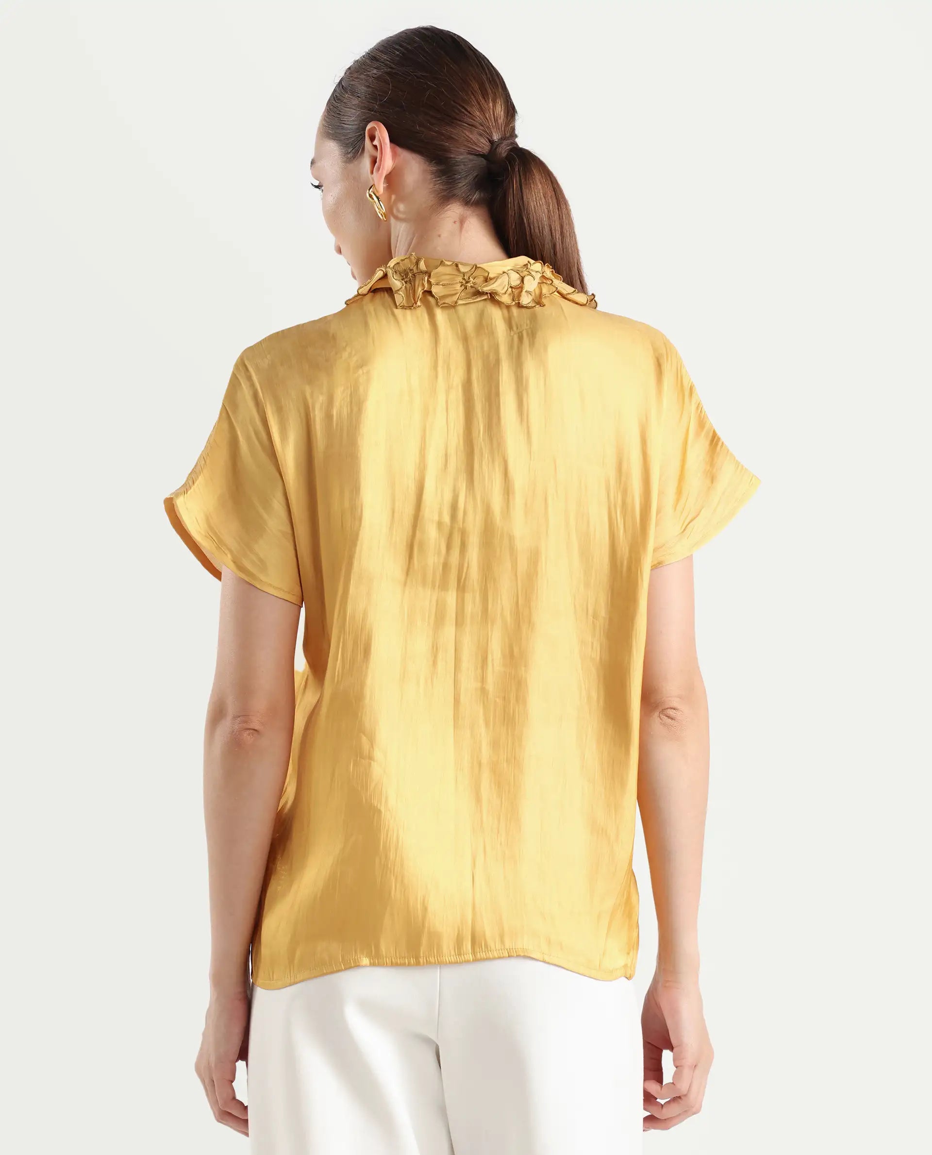 Rareism Women's Larfa Yellow Polyester Drop Collar Plain Boxy Fit Shirt