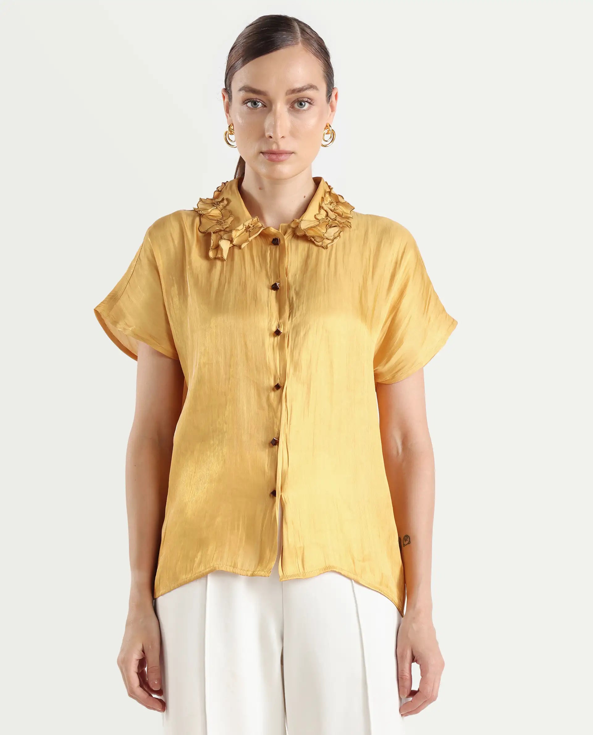 Rareism Women's Larfa Yellow Polyester Drop Collar Plain Boxy Fit Shirt