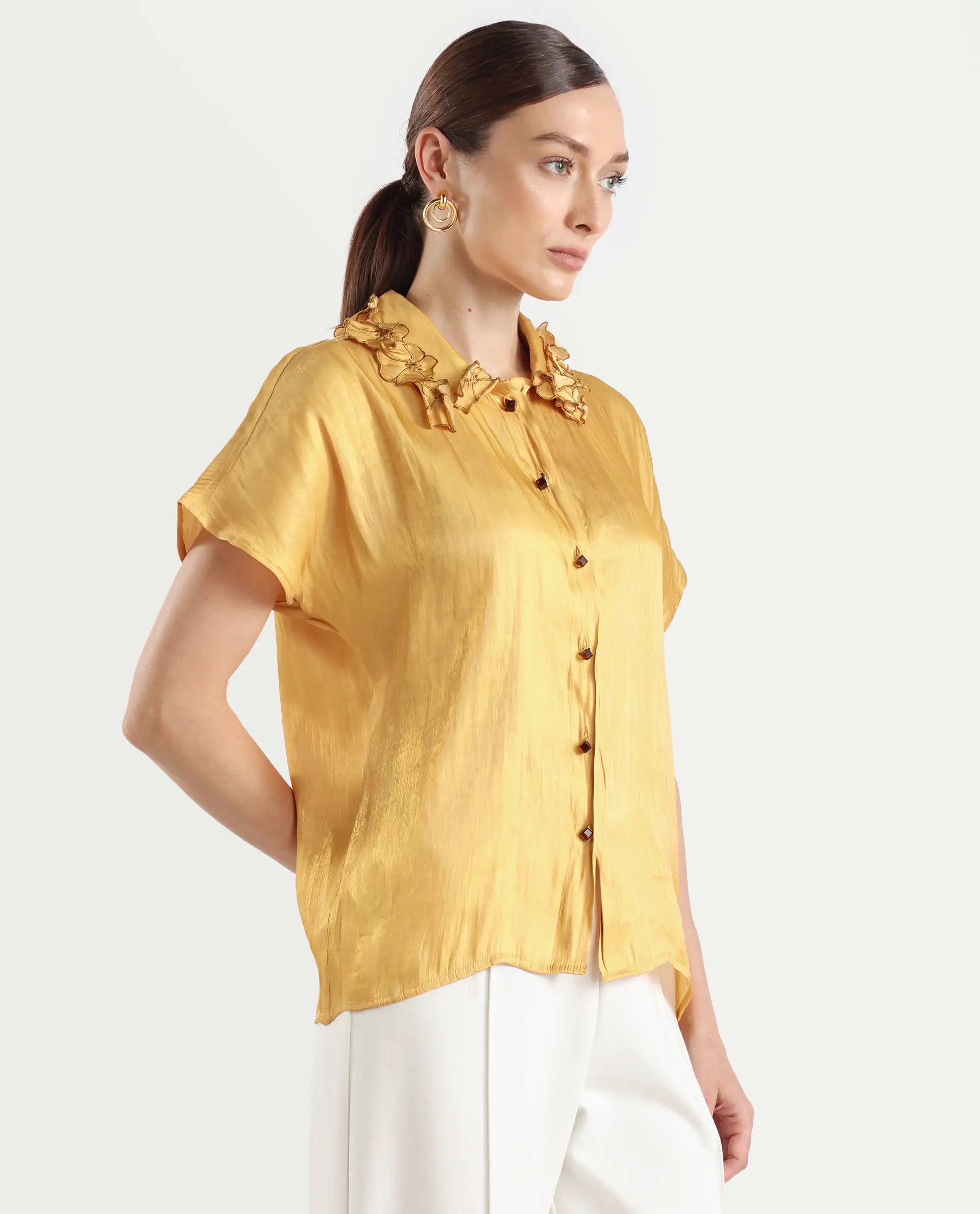 Rareism Women's Larfa Yellow Polyester Drop Collar Plain Boxy Fit Shirt