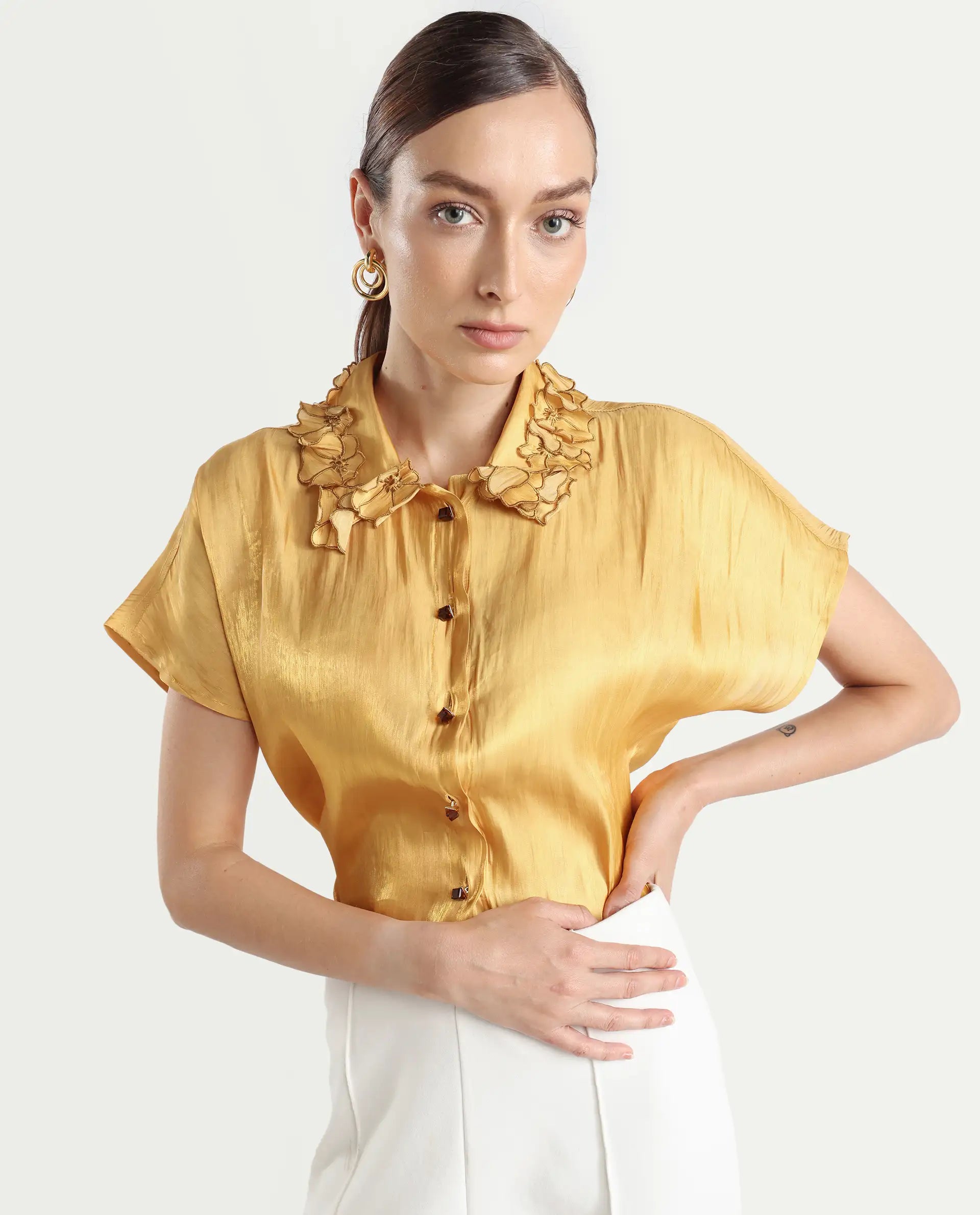 Rareism Women's Larfa Yellow Polyester Drop Collar Plain Boxy Fit Shirt
