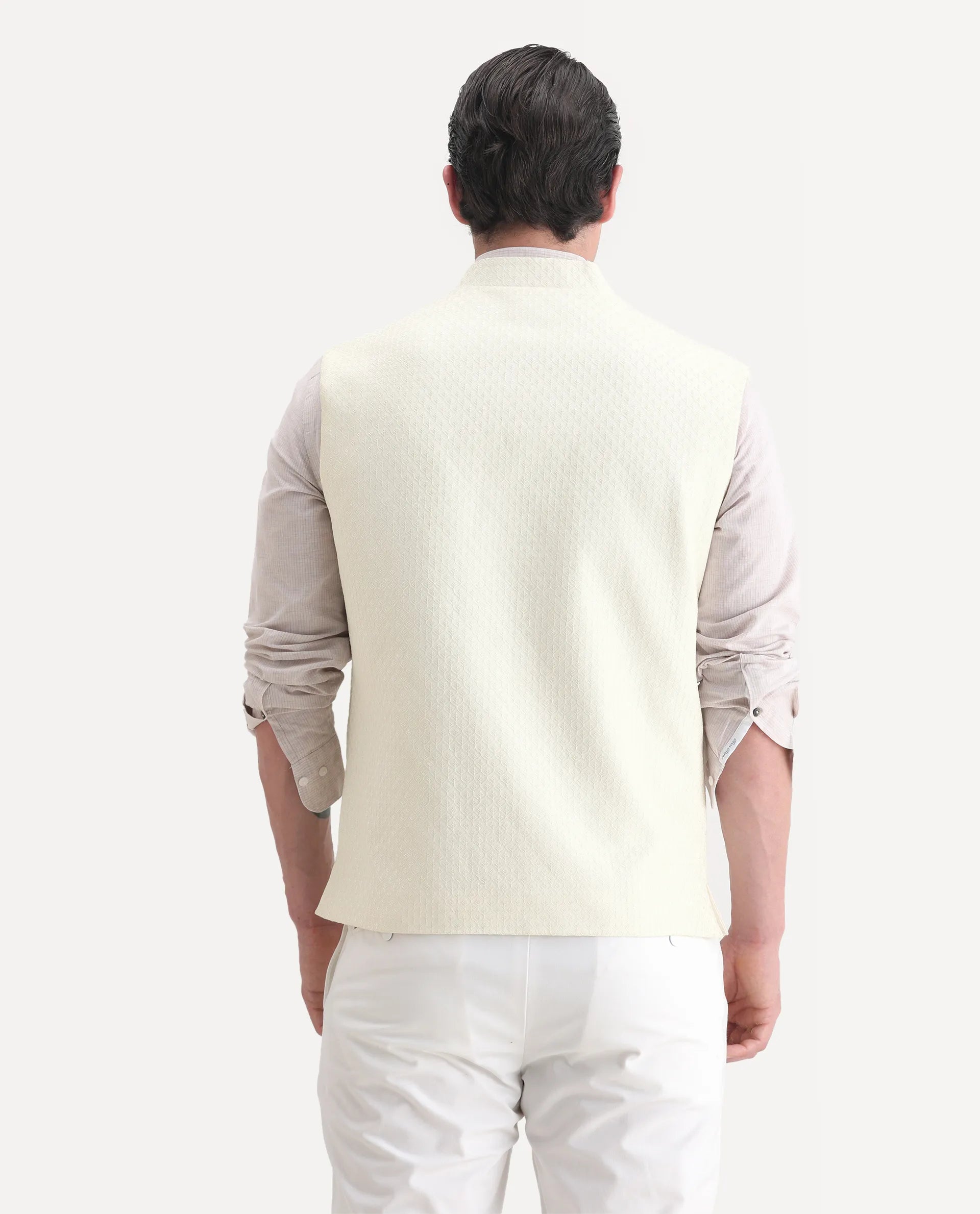 Rare Rabbit Men's Guild Festive Lasmos B1 Off White Viscose Embroidered Regular Fit Sleeveless Mandarin Collar Bandhgala