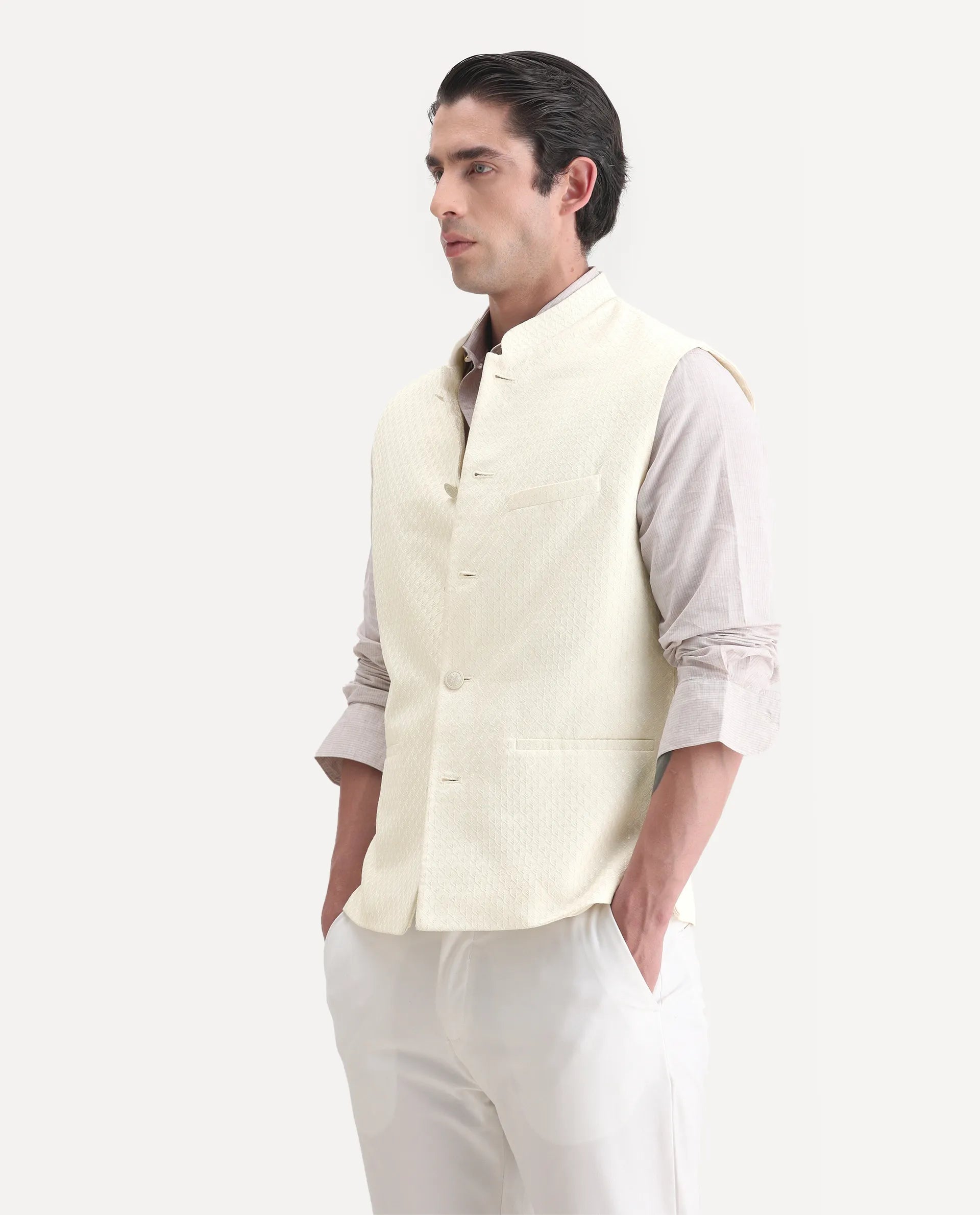 Rare Rabbit Men's Guild Festive Lasmos B1 Off White Viscose Embroidered Regular Fit Sleeveless Mandarin Collar Bandhgala