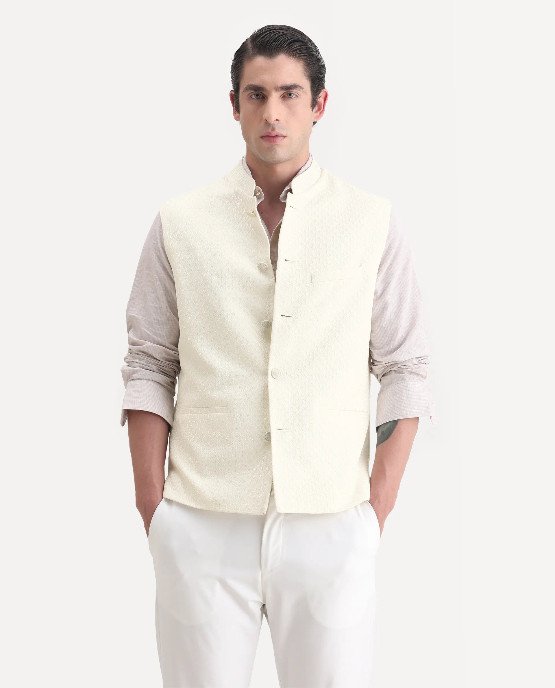 Rare Rabbit Men's Guild Festive Lasmos B1 Off White Viscose Embroidered Regular Fit Sleeveless Mandarin Collar Bandhgala