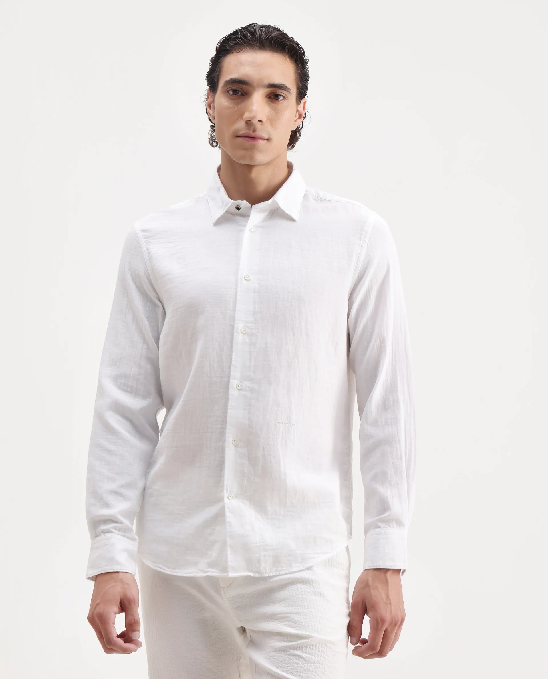 Rare Rabbit Men's Lassen Ls White Cotton Plain Relaxed Fit Full Sleeve Collared Shirt