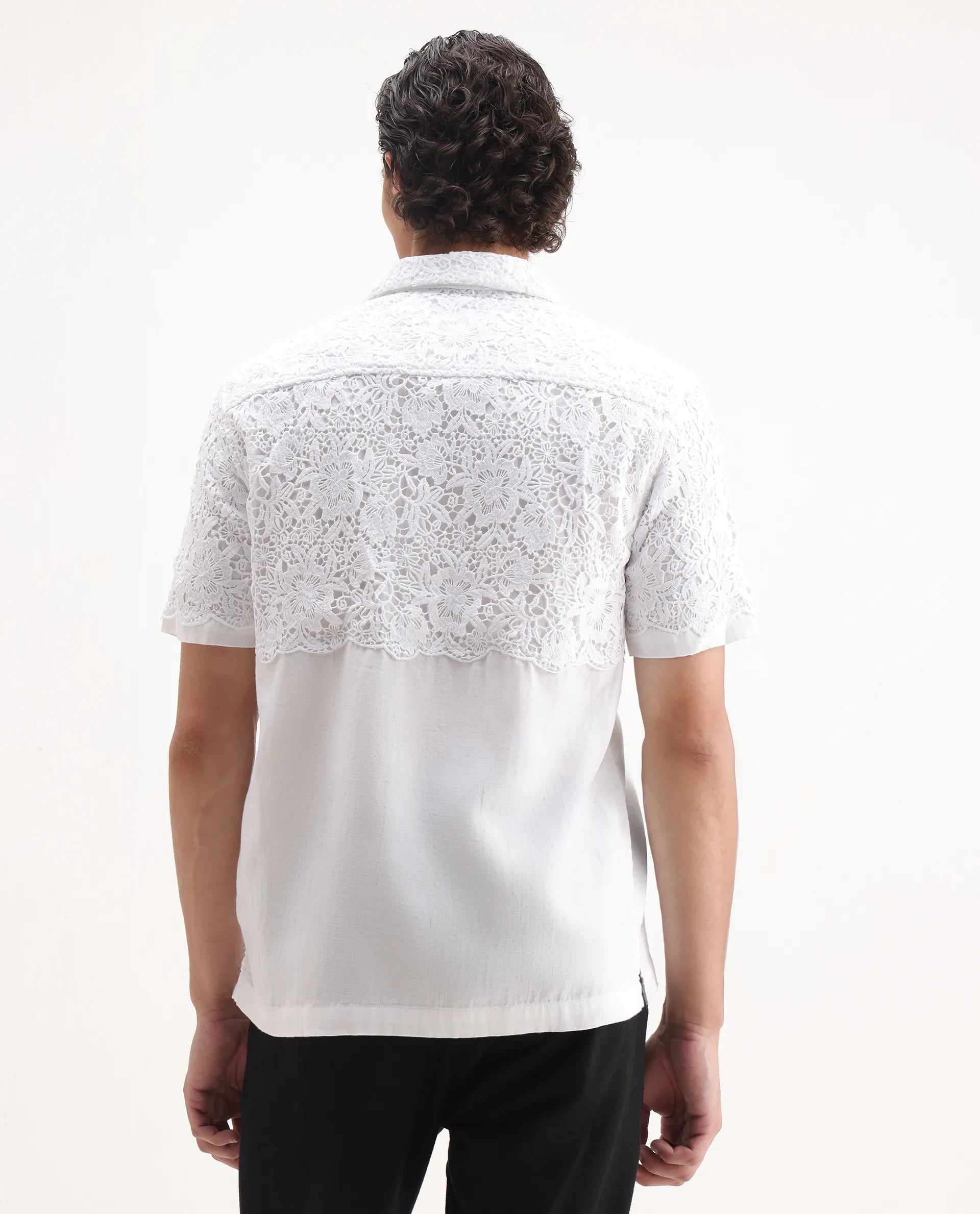 Rare Rabbit Men's Lassen White Cotton Embroidered Boxy Fit Half Sleeve Cuban Collar Shirt