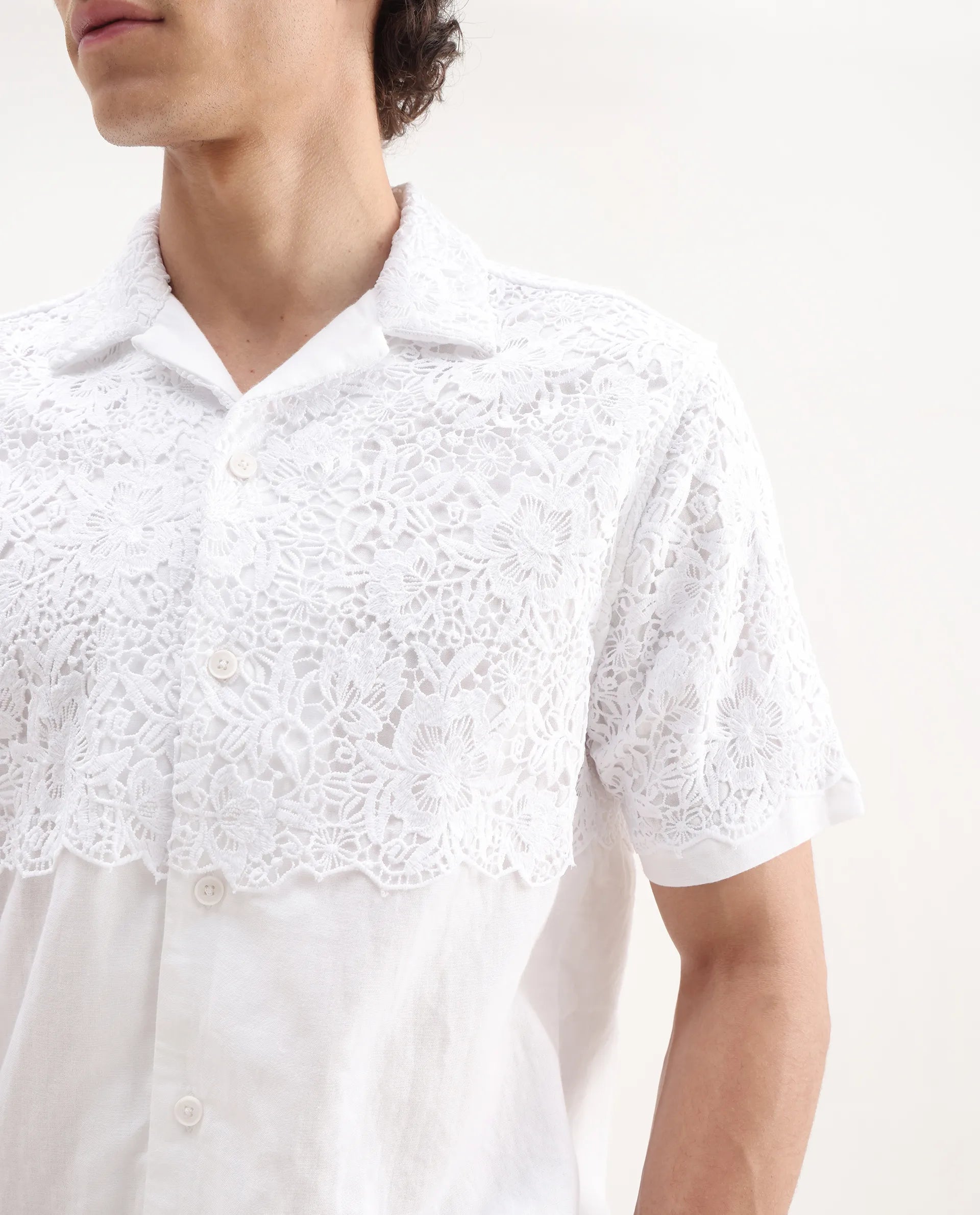 Rare Rabbit Men's Lassen White Cotton Embroidered Boxy Fit Half Sleeve Cuban Collar Shirt