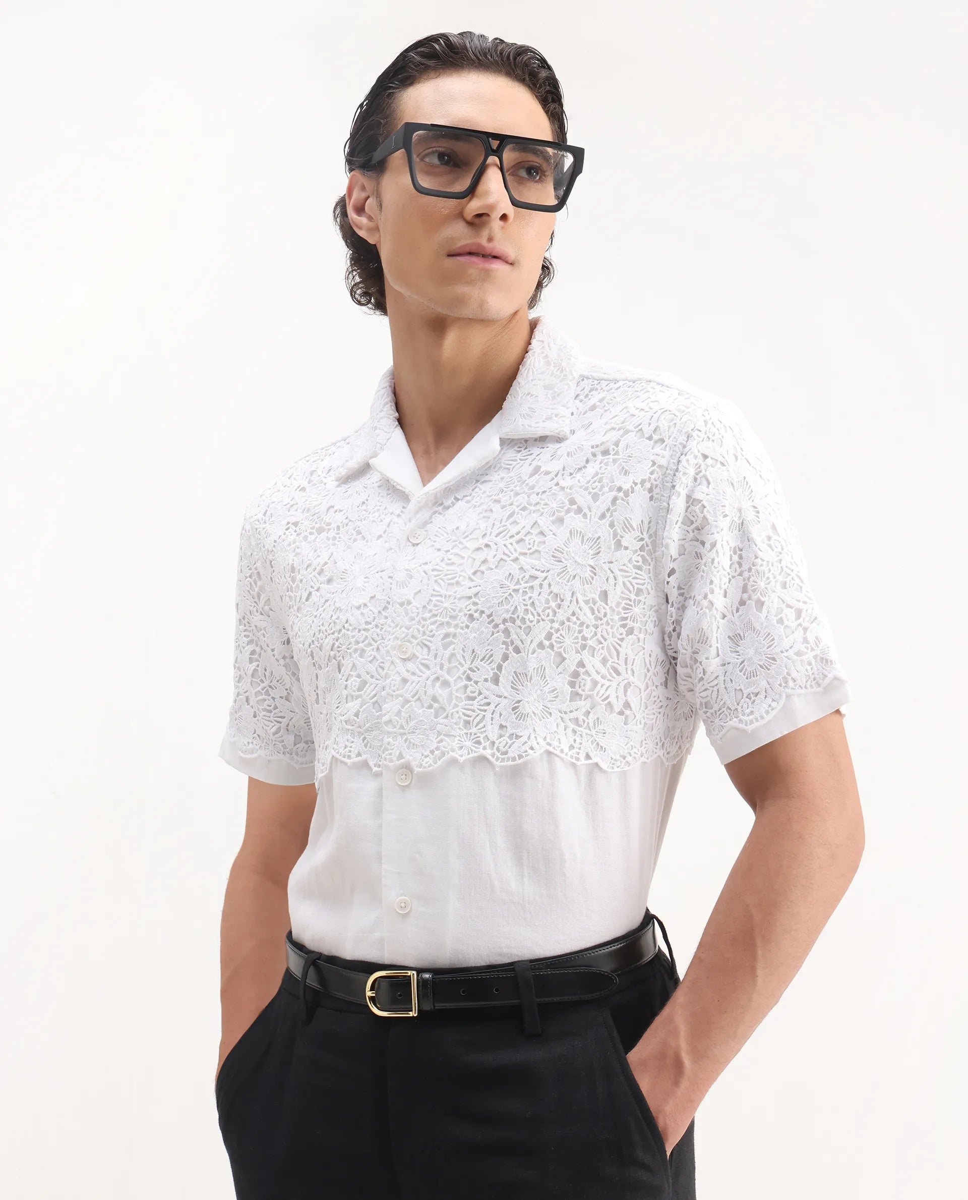 Rare Rabbit Men's Lassen White Cotton Embroidered Boxy Fit Half Sleeve Cuban Collar Shirt