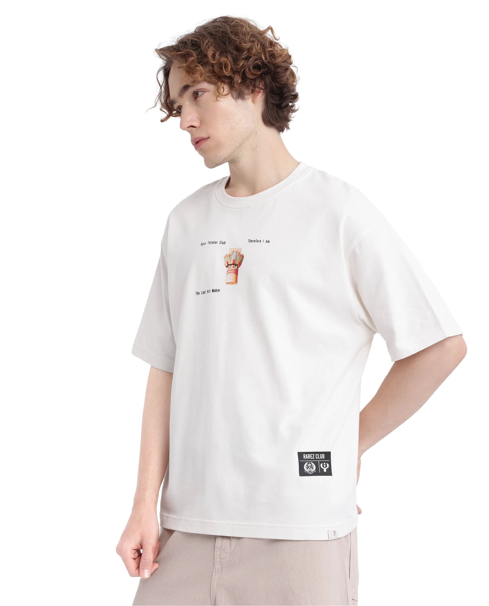 Rare Rabbit Men Laun Off White Cotton Fabric Short Sleeve Crew Neck Oversized Fit Off Placement HD Print T-Shirt