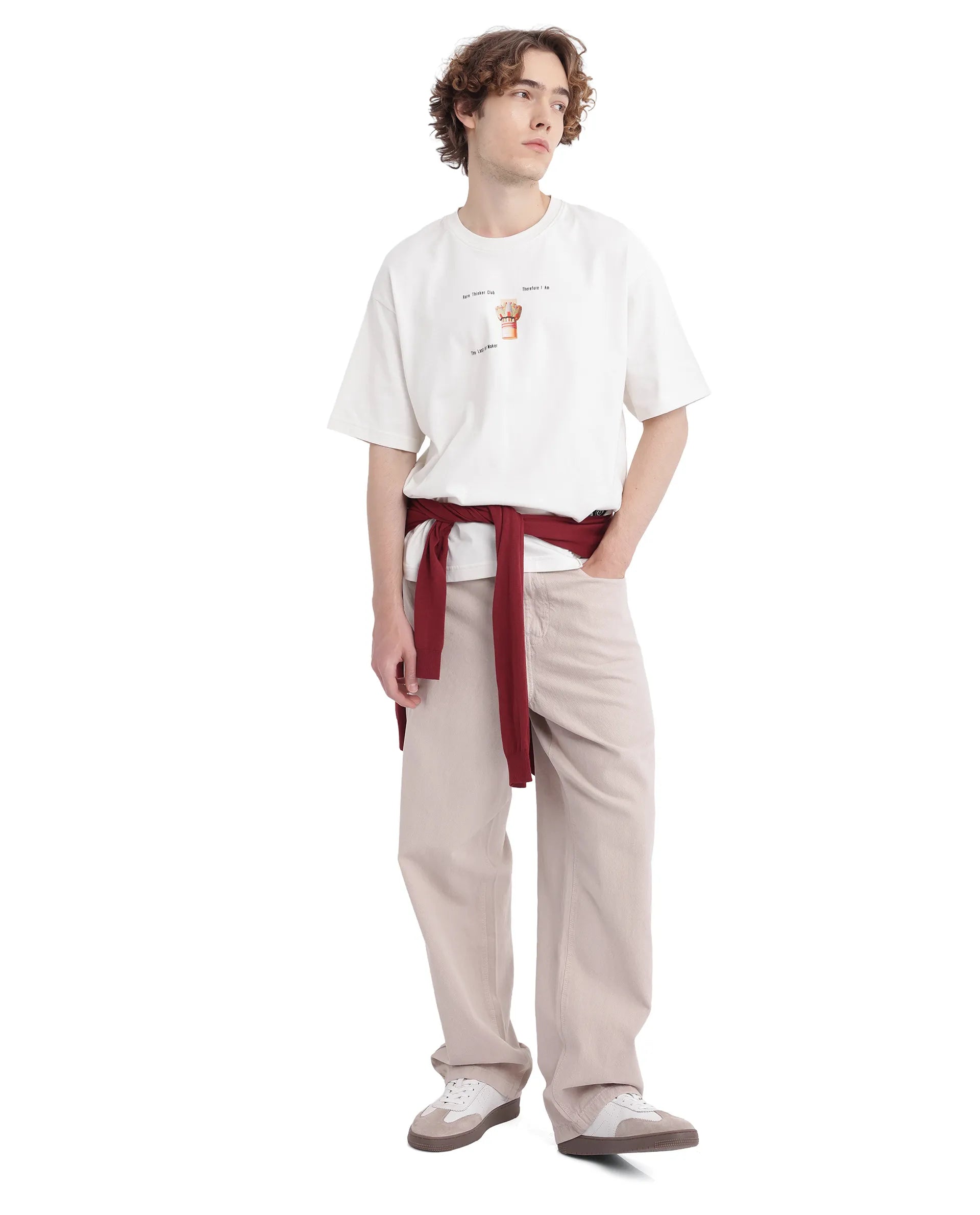 Rare Rabbit Men Laun Off White Cotton Fabric Short Sleeve Crew Neck Oversized Fit Off Placement HD Print T-Shirt