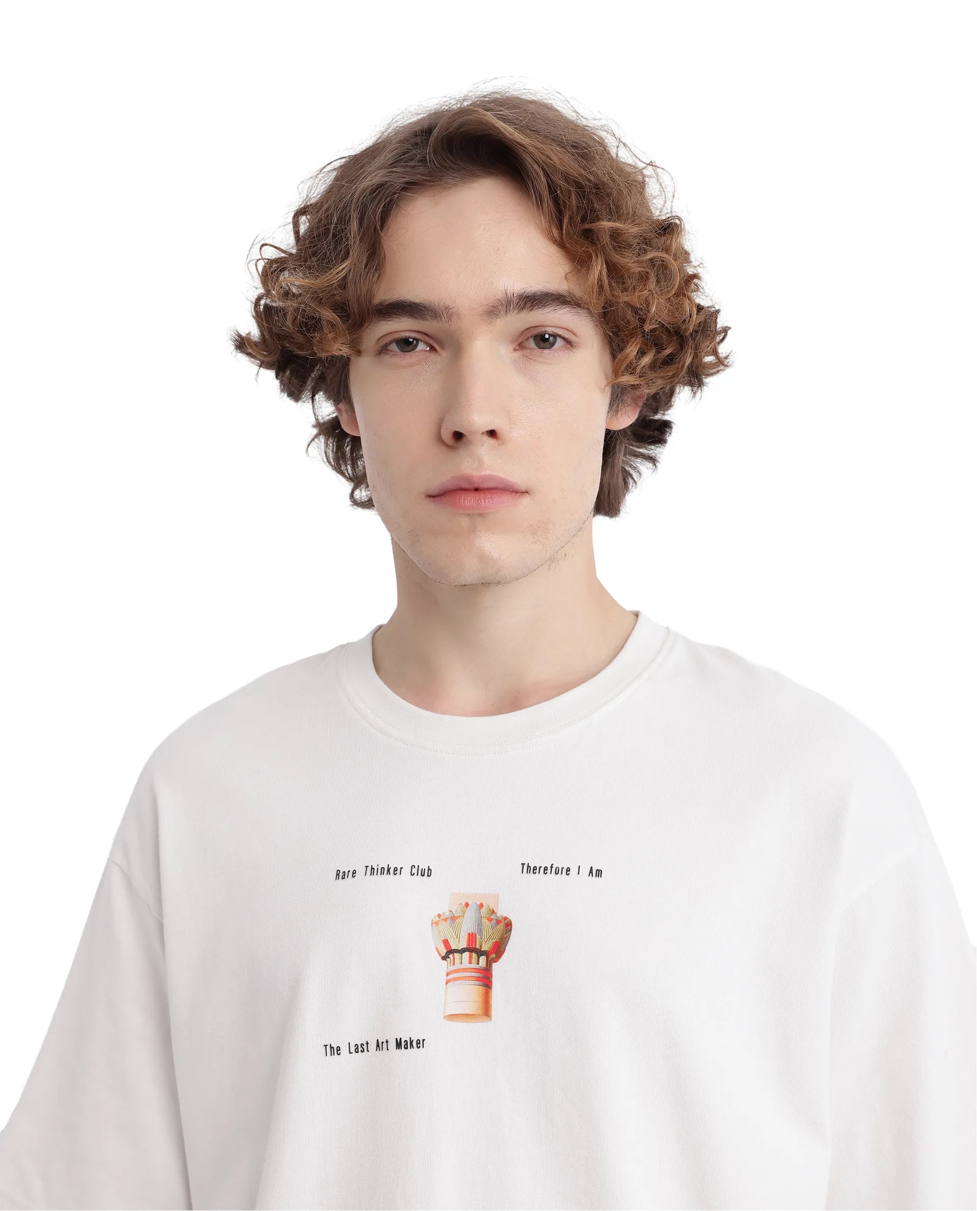 Rare Rabbit Men Laun Off White Cotton Fabric Short Sleeve Crew Neck Oversized Fit Off Placement HD Print T-Shirt