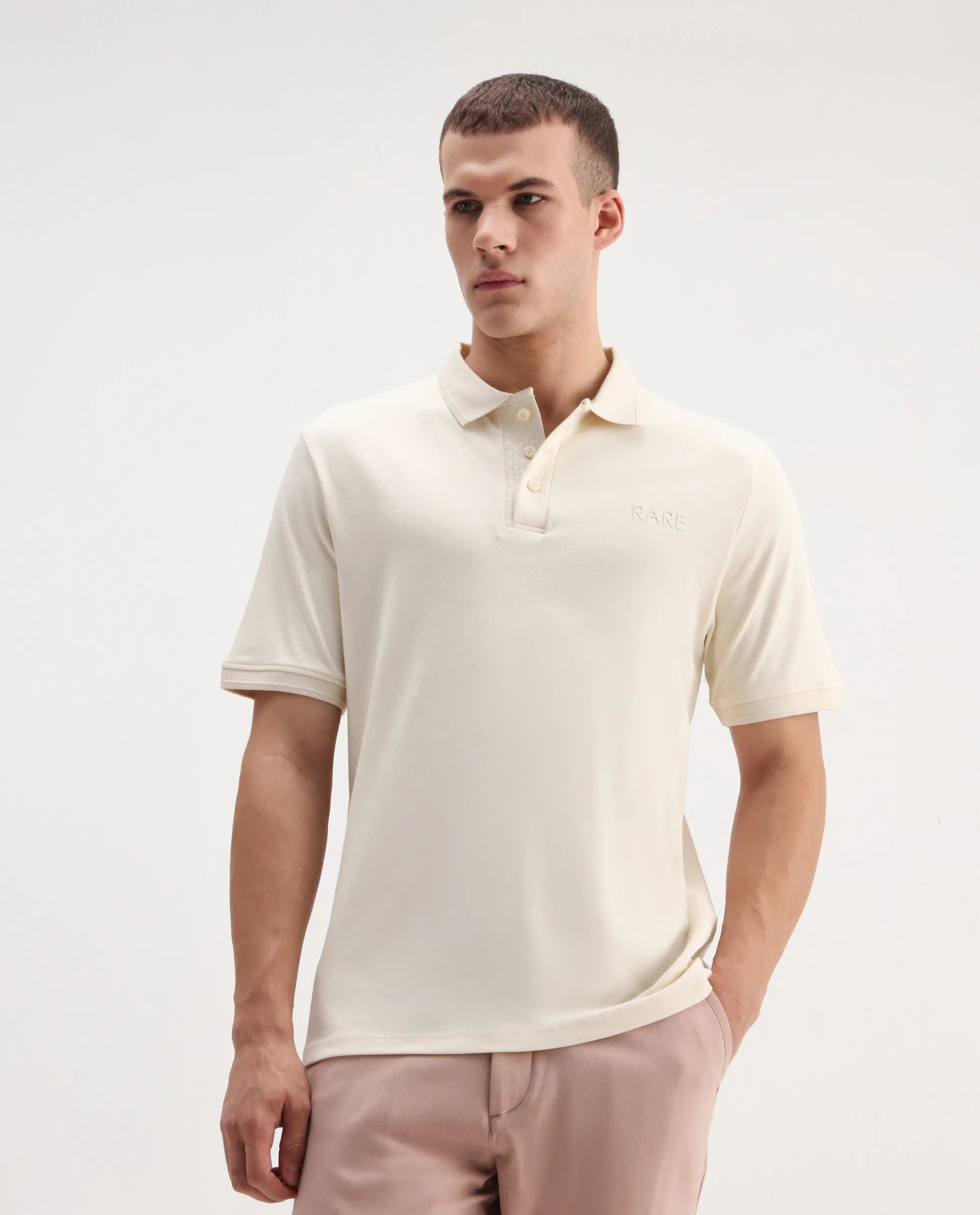 Rare Rabbit Men's Laur Off White Cotton Plain Regular Fit Half Sleeve Polo