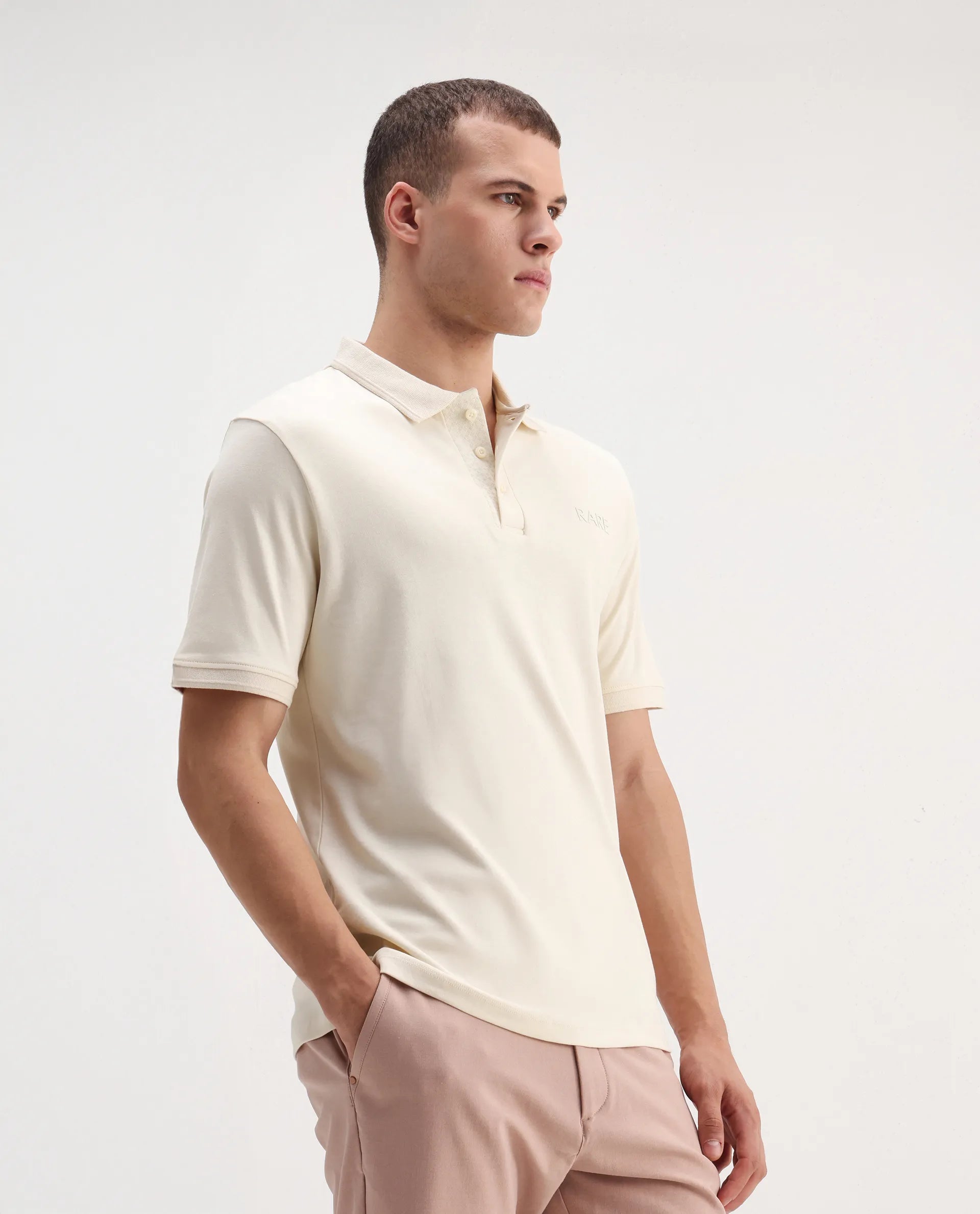 Rare Rabbit Men's Laur Off White Cotton Plain Regular Fit Half Sleeve Polo