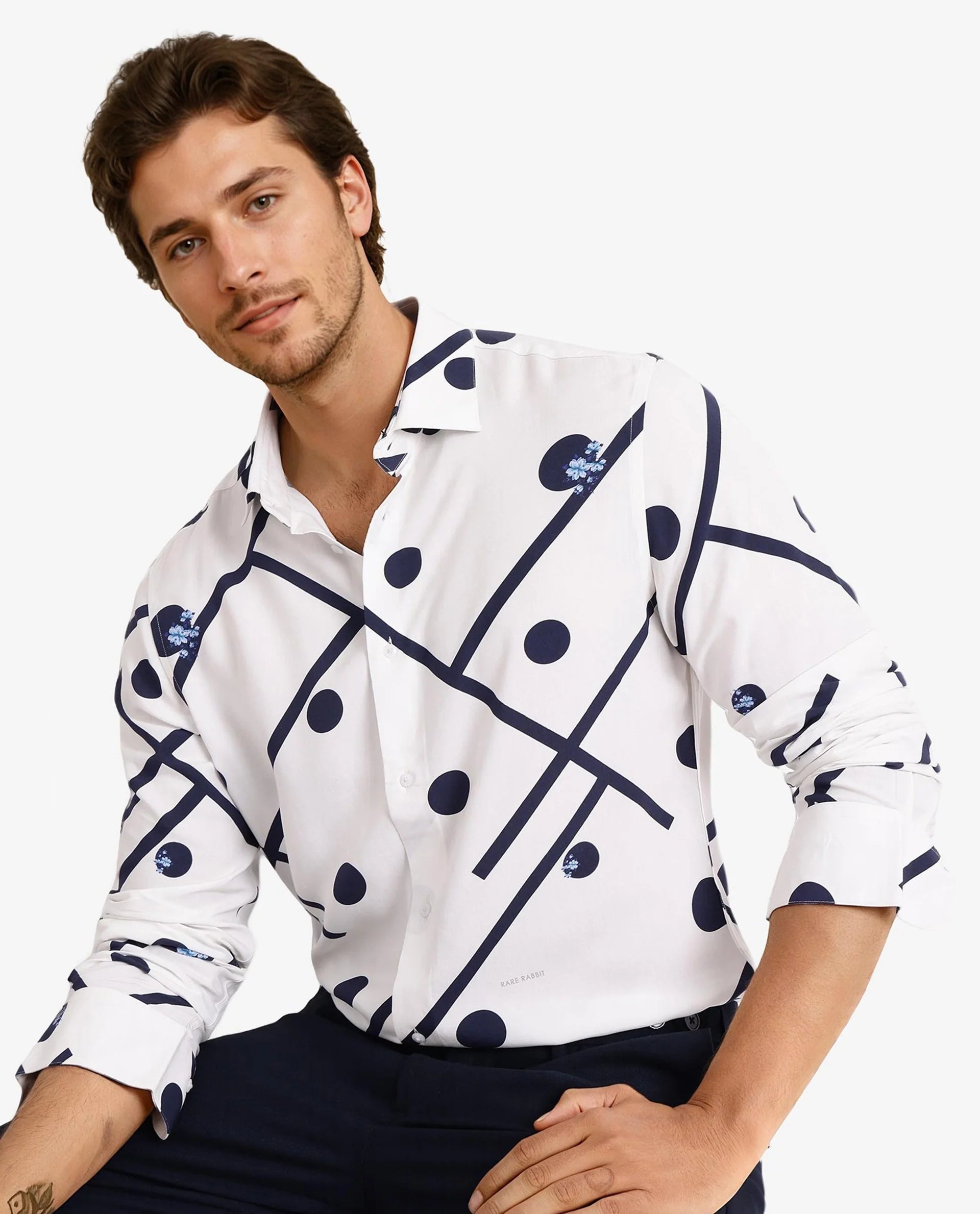 Rare Rabbit Men Laveno-1 Off White Cotton Fabric Full Sleeve Geometric Print Regular Fit Shirt