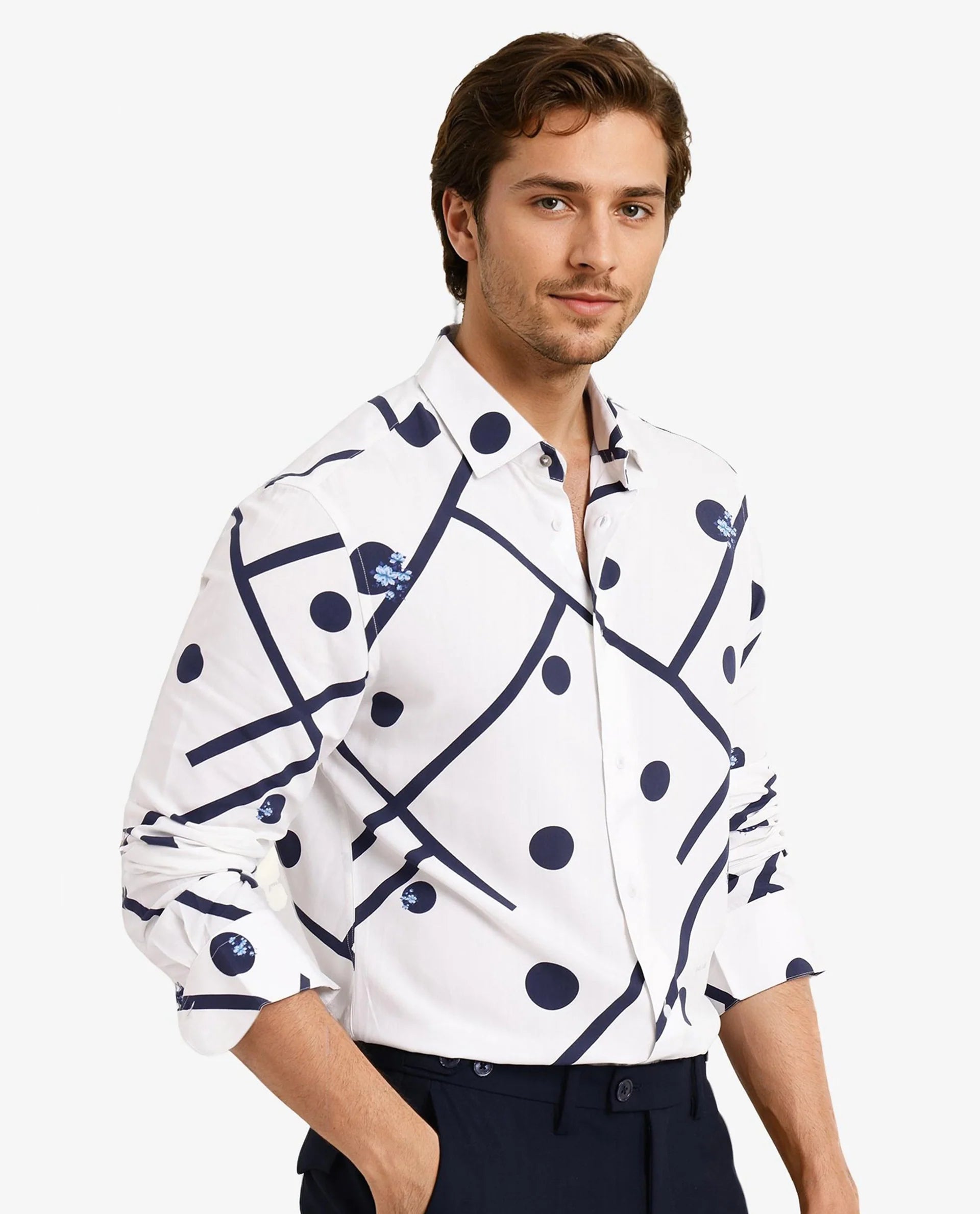 Rare Rabbit Men Laveno-1 Off White Cotton Fabric Full Sleeve Geometric Print Regular Fit Shirt