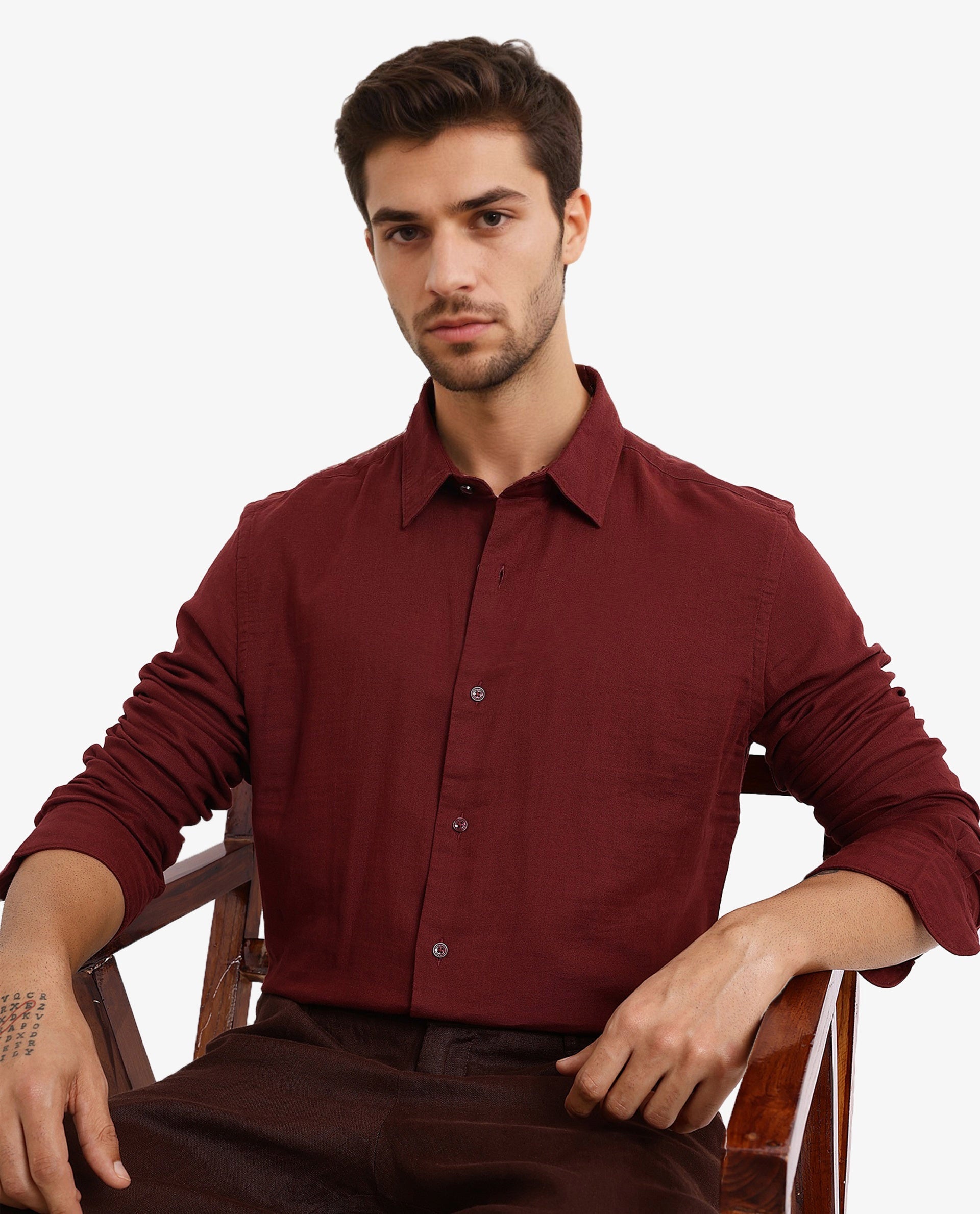 Rare Rabbit Men's Layerr-2 Rust Cotton Fabric Full Sleeve Regular Fit Solid Shirt