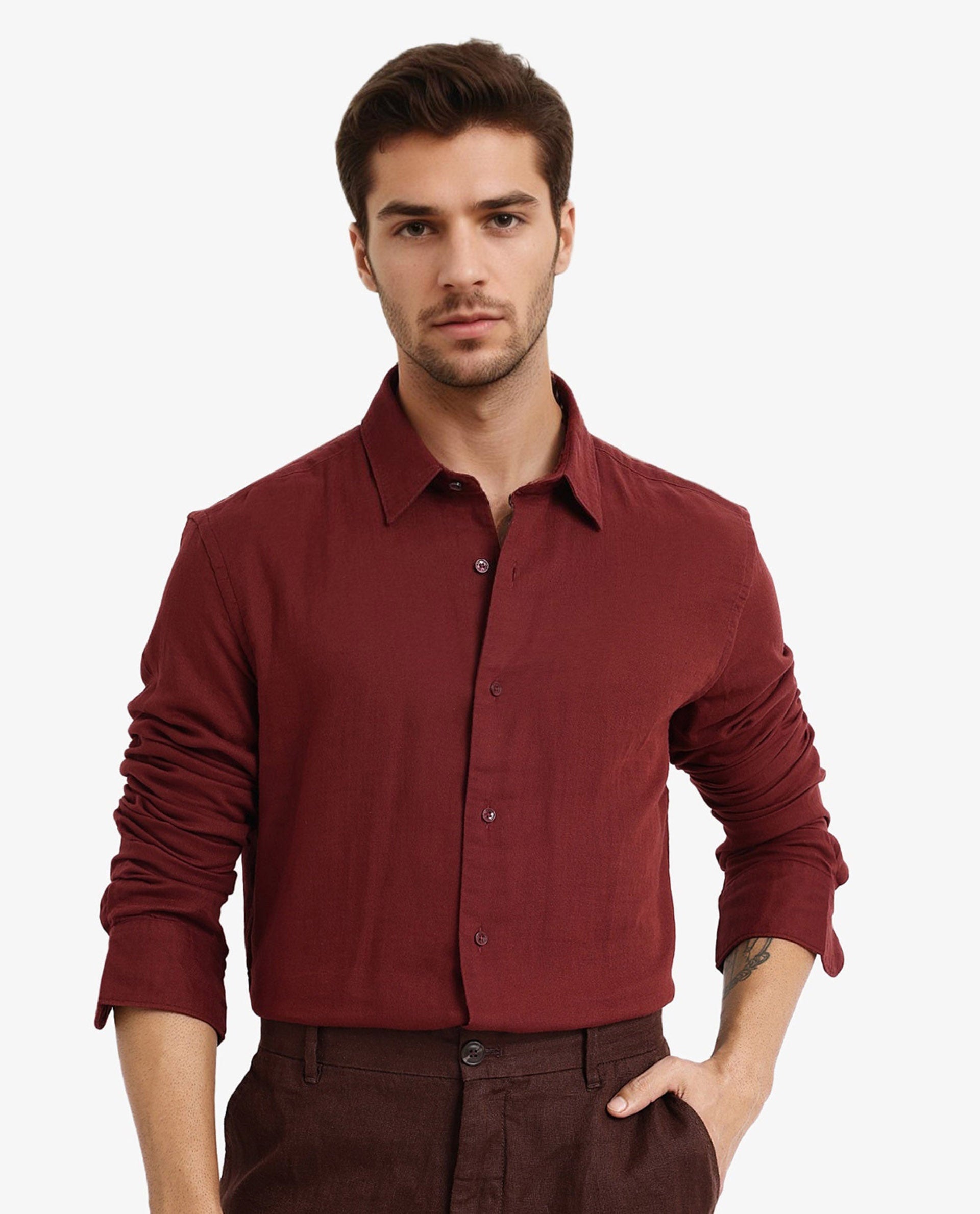 Rare Rabbit Men's Layerr-2 Rust Cotton Fabric Full Sleeve Regular Fit Solid Shirt