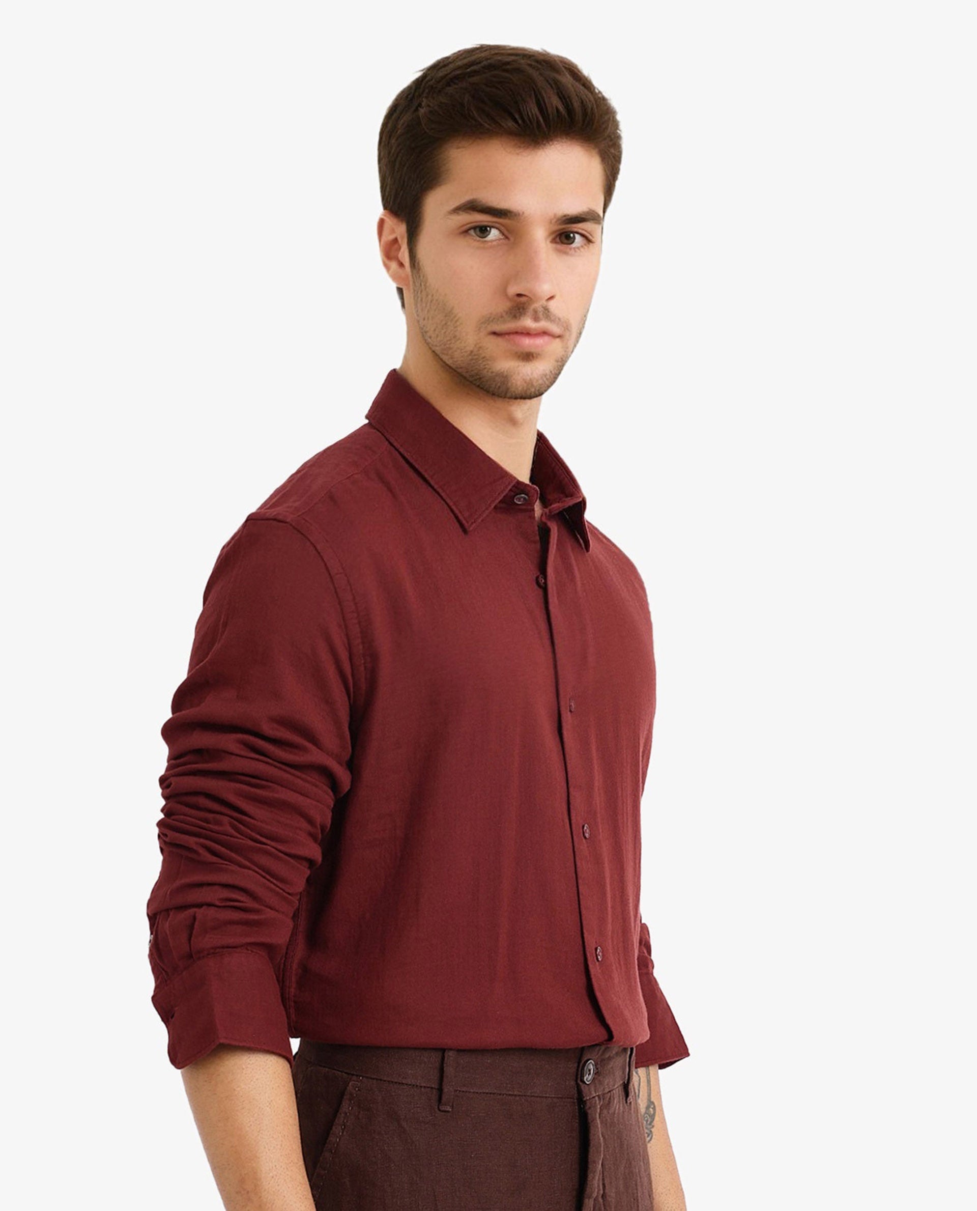 Rare Rabbit Men's Layerr-2 Rust Cotton Fabric Full Sleeve Regular Fit Solid Shirt