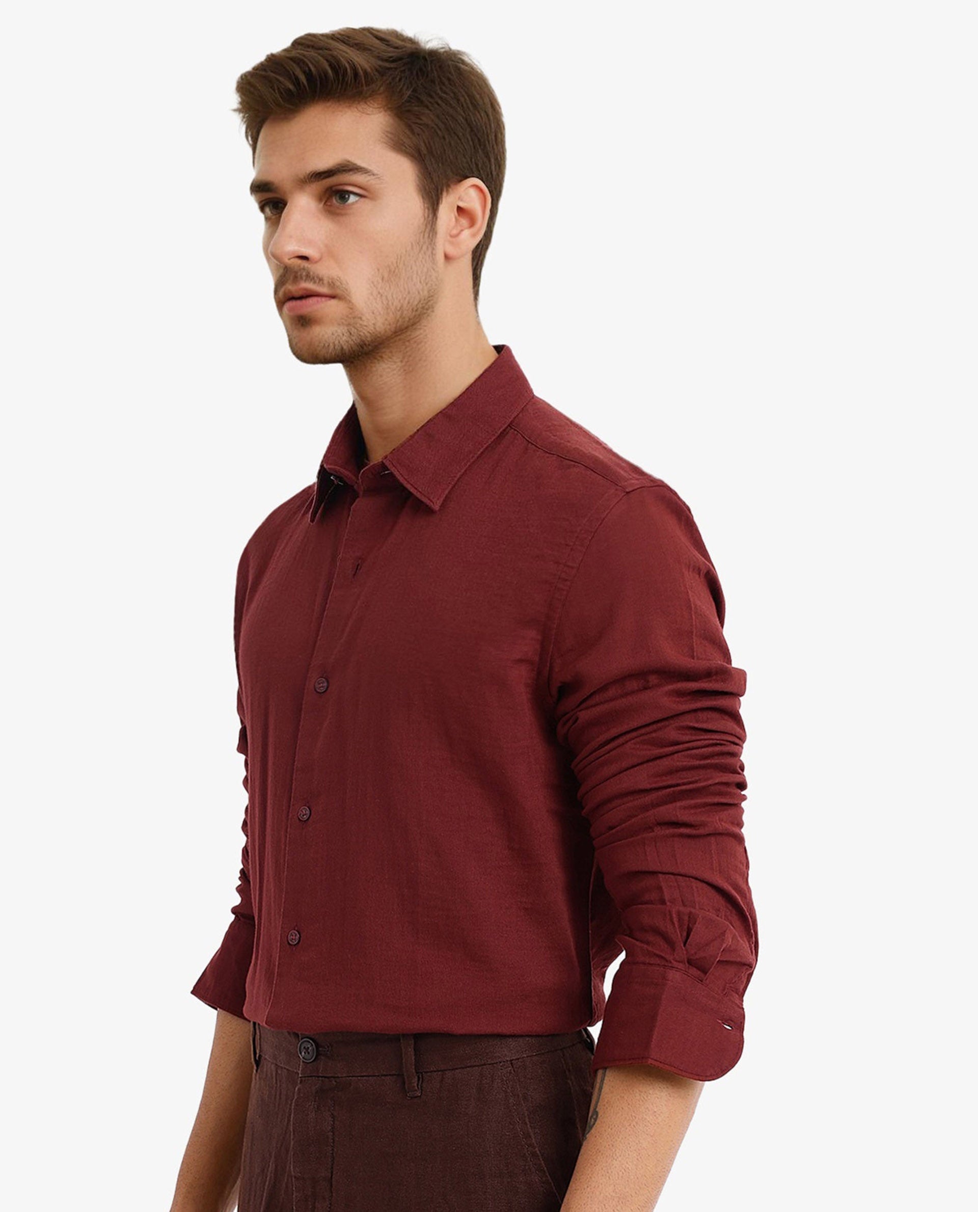 Rare Rabbit Men's Layerr-2 Rust Cotton Fabric Full Sleeve Regular Fit Solid Shirt