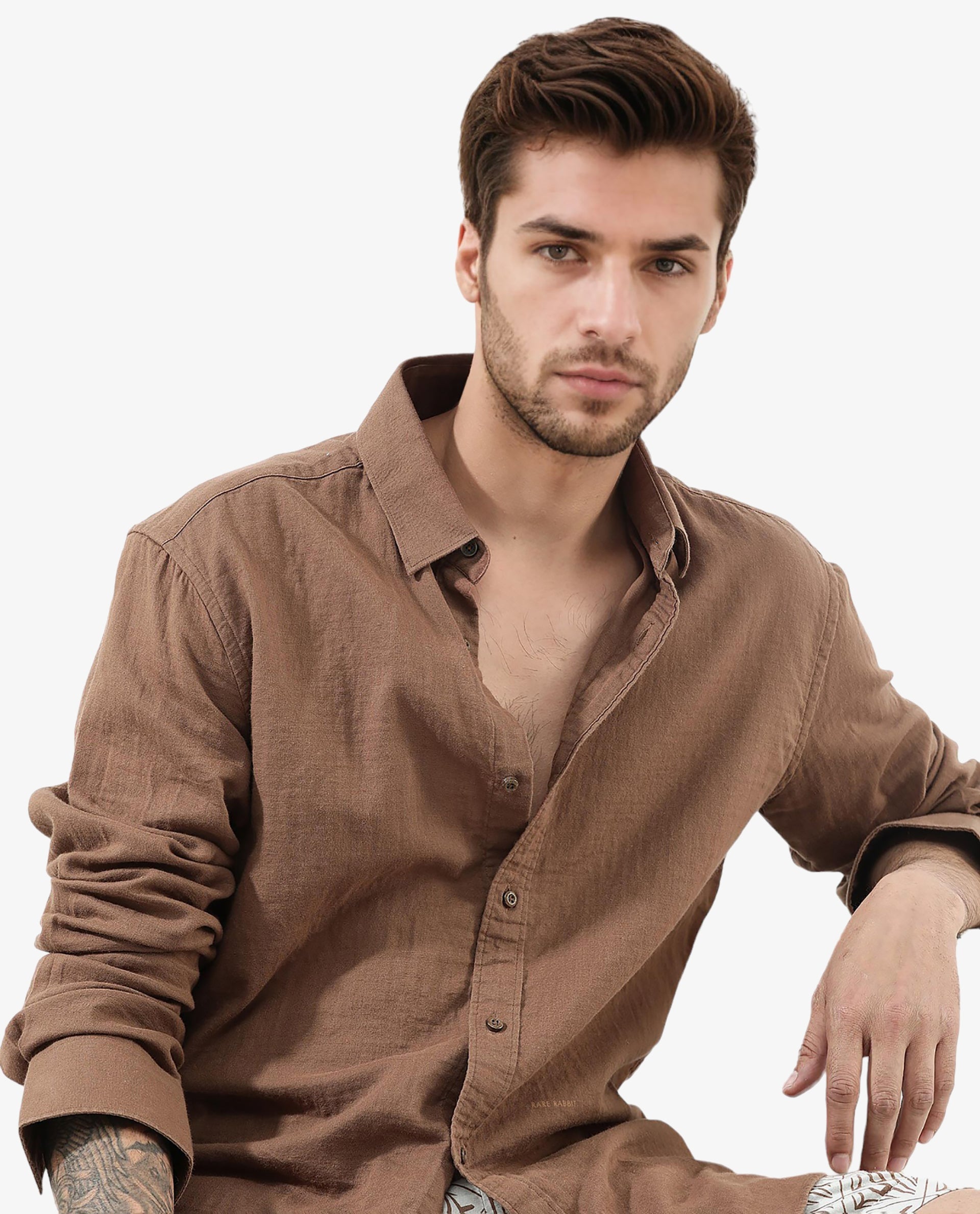 Rare Rabbit Mens Layerr Brown Cotton Fabric Full Sleeves Solid Shirt