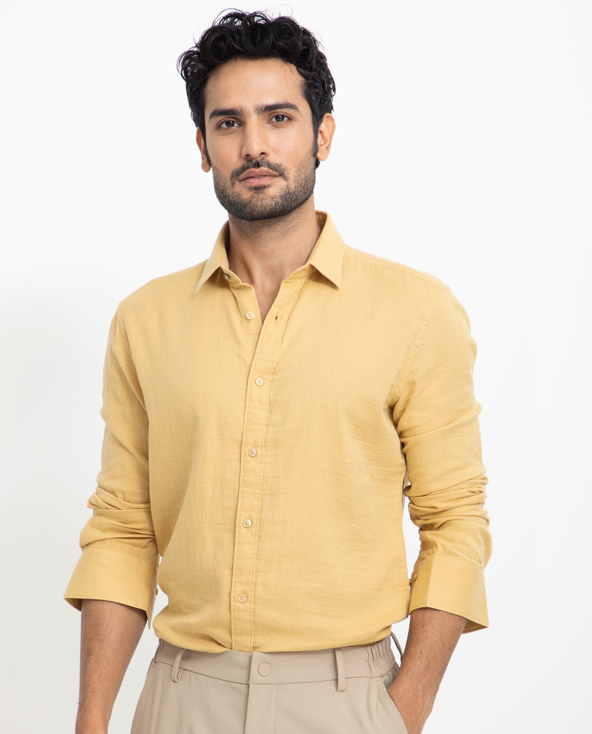 Rare Rabbit Men's Layerrs Yellow Cotton Fabric Full Sleeves Solid Shirt
