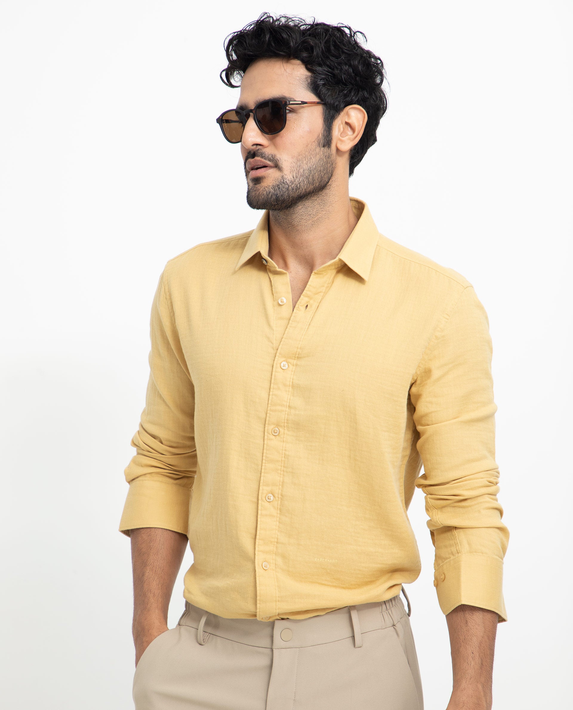 Rare Rabbit Men's Layerrs Yellow Cotton Fabric Full Sleeves Solid Shirt
