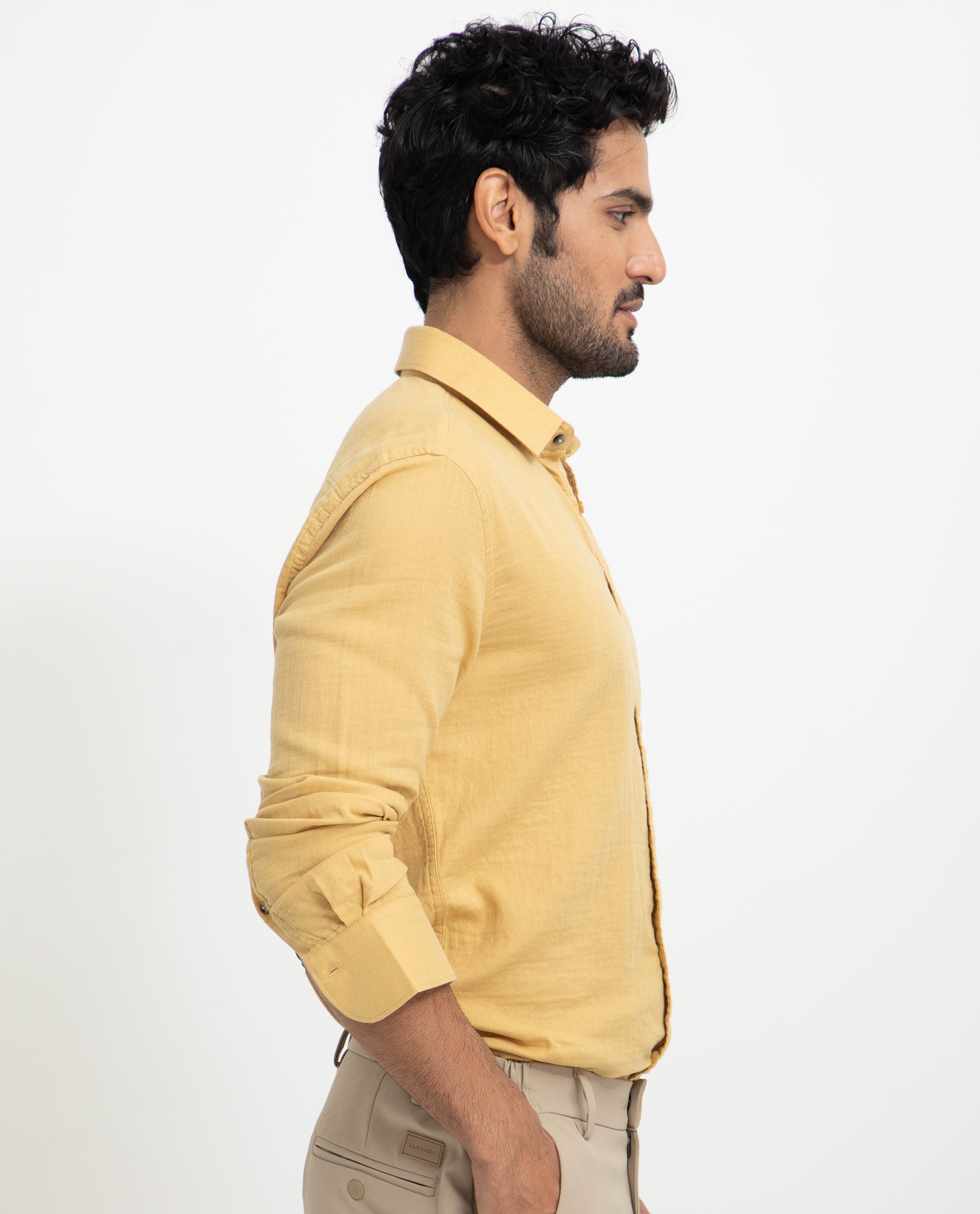 Rare Rabbit Men's Layerrs Yellow Cotton Fabric Full Sleeves Solid Shirt