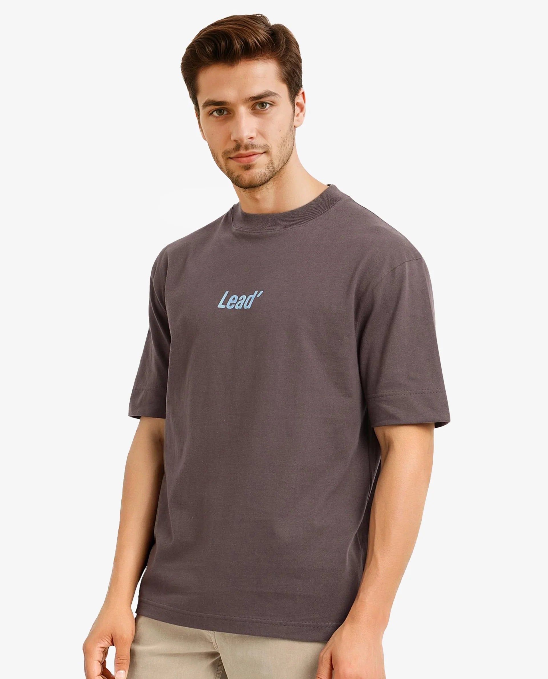 Rare Rabbit Men Lea Brown Short Sleeve Crew Neck Oversized Fit Plain T-Shirt