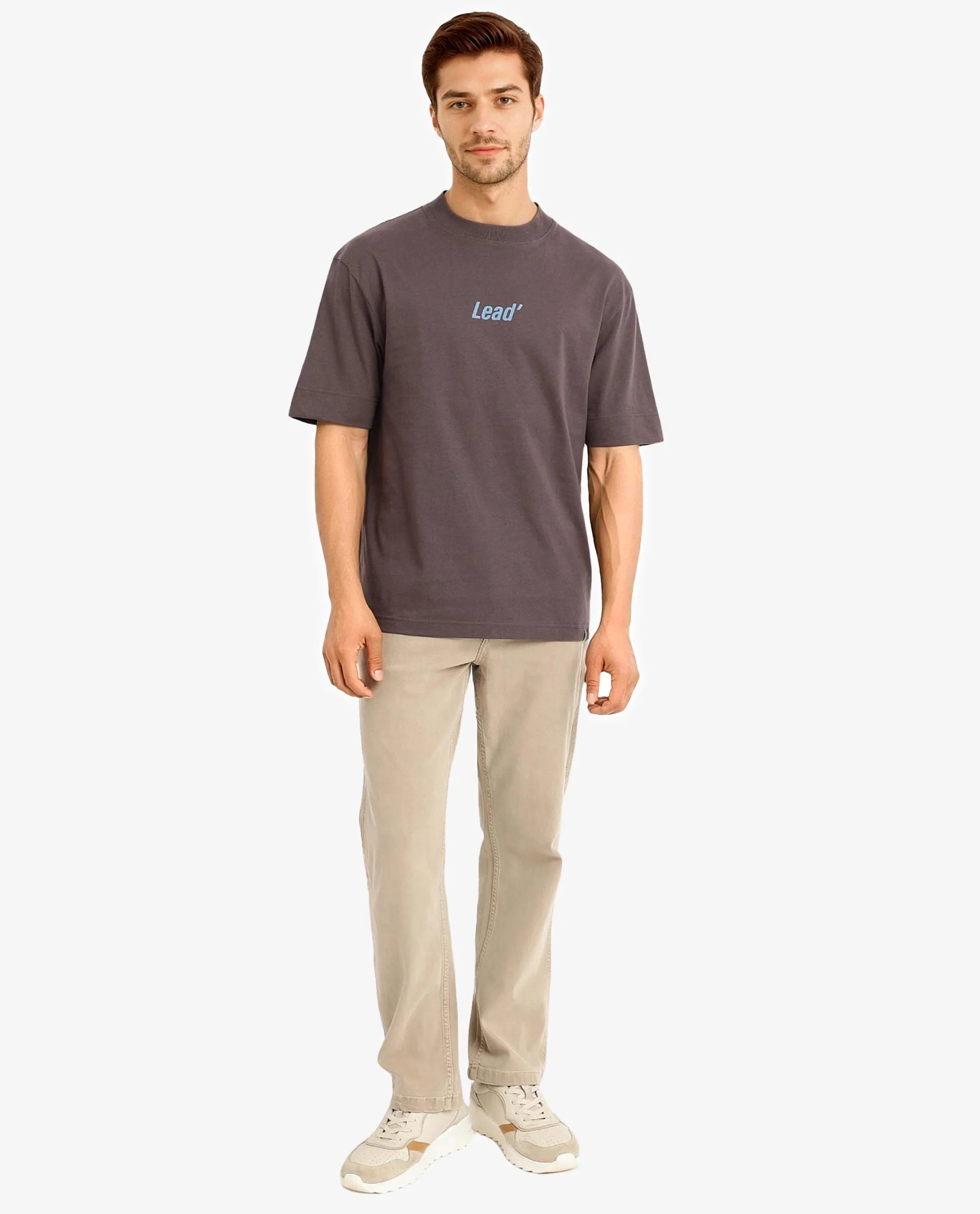 Rare Rabbit Men Lea Brown Short Sleeve Crew Neck Oversized Fit Plain T-Shirt