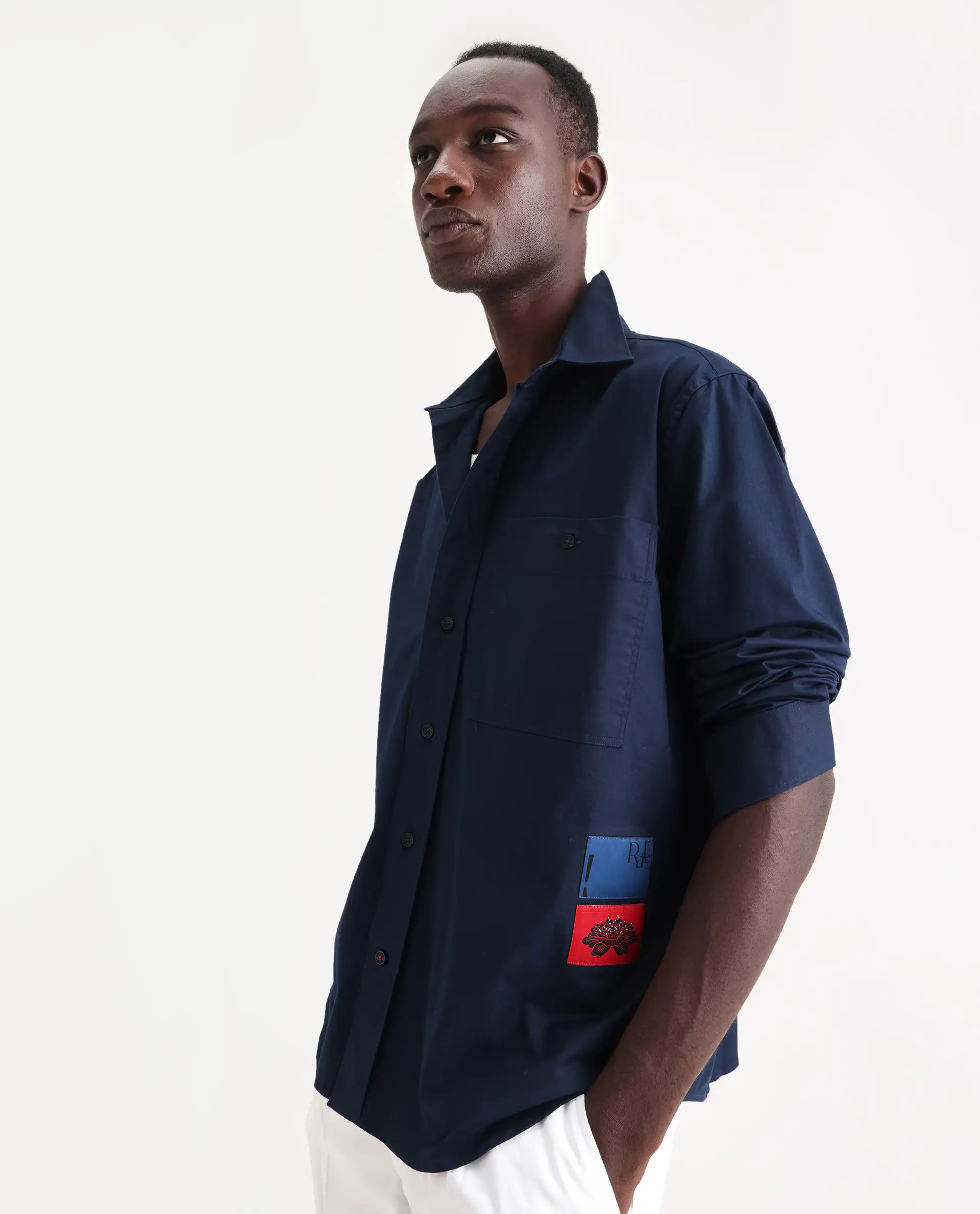 Rare Rabbit Men's Leif Navy Cotton Label Print Regular Fit Full Sleeve Collared Shirt