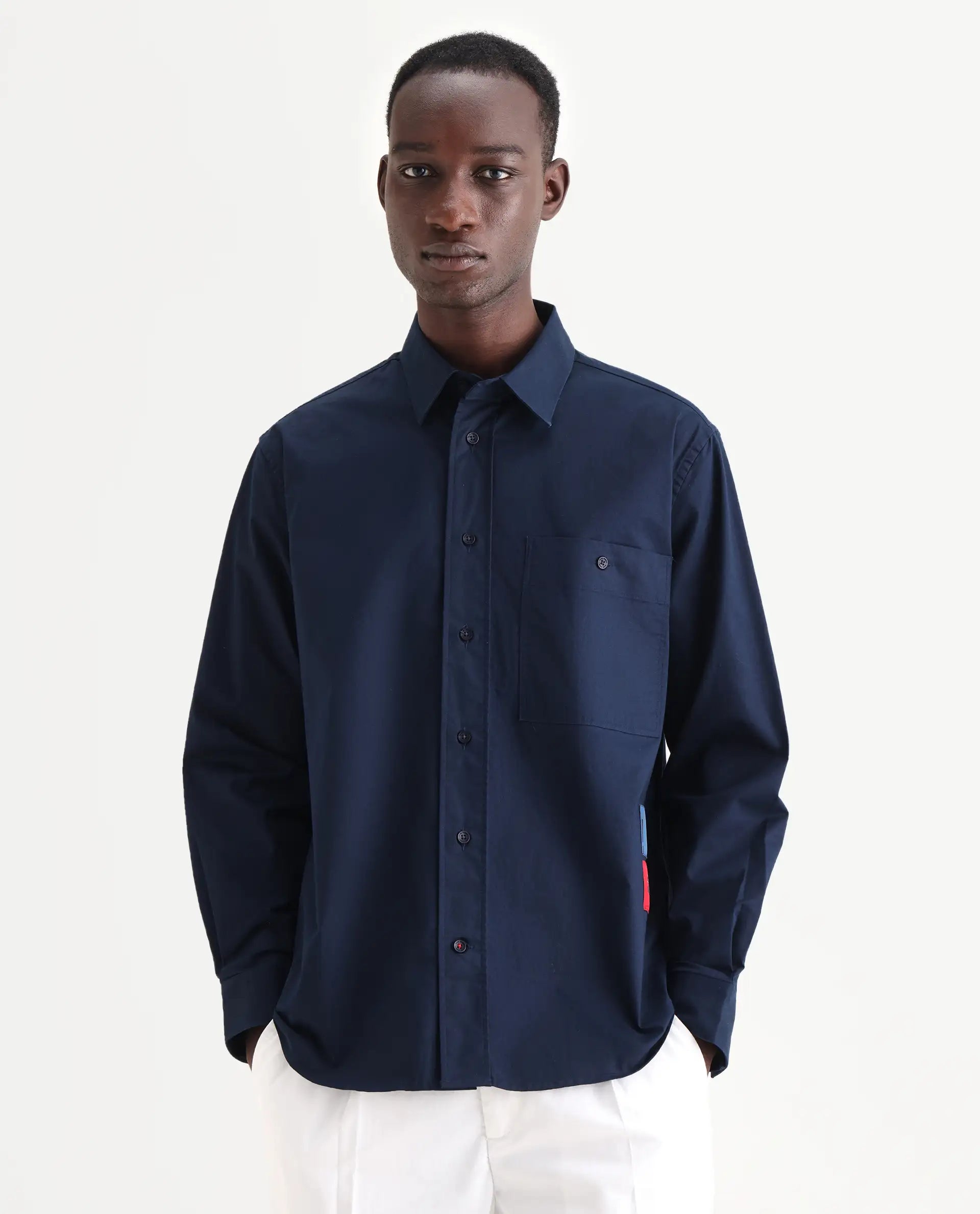 Rare Rabbit Men's Leif Navy Cotton Label Print Regular Fit Full Sleeve Collared Shirt