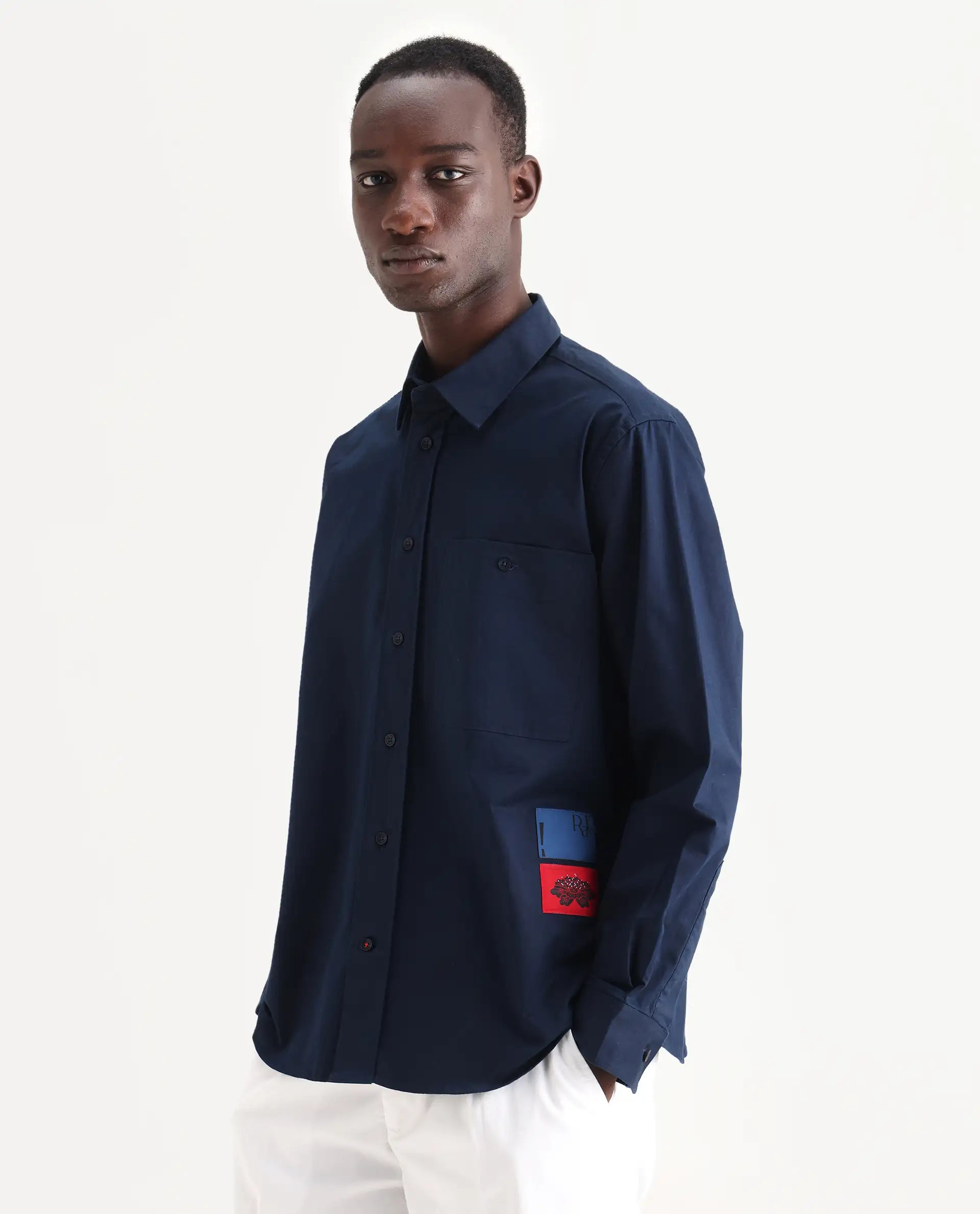 Rare Rabbit Men's Leif Navy Cotton Label Print Regular Fit Full Sleeve Collared Shirt