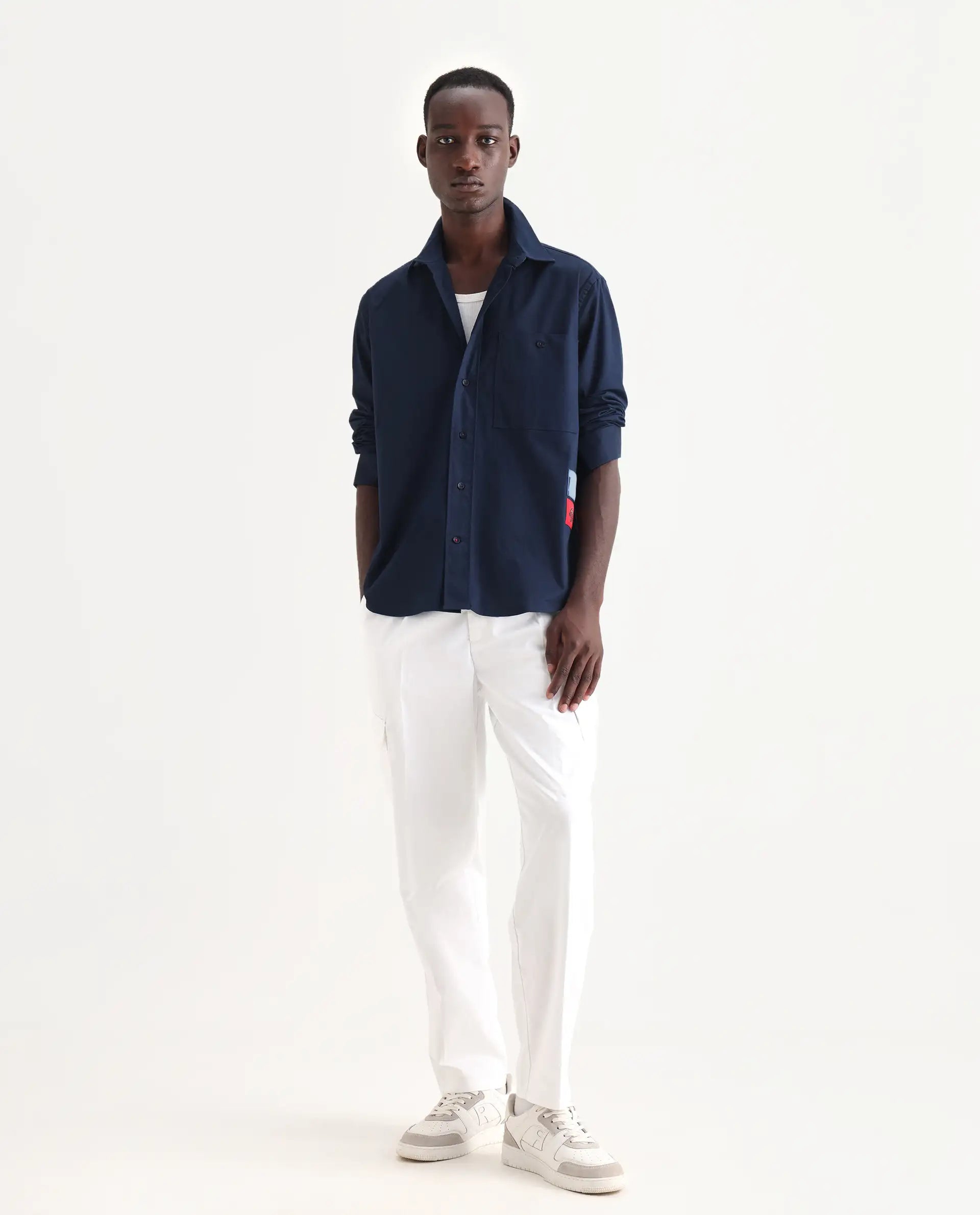 Rare Rabbit Men's Leif Navy Cotton Label Print Regular Fit Full Sleeve Collared Shirt