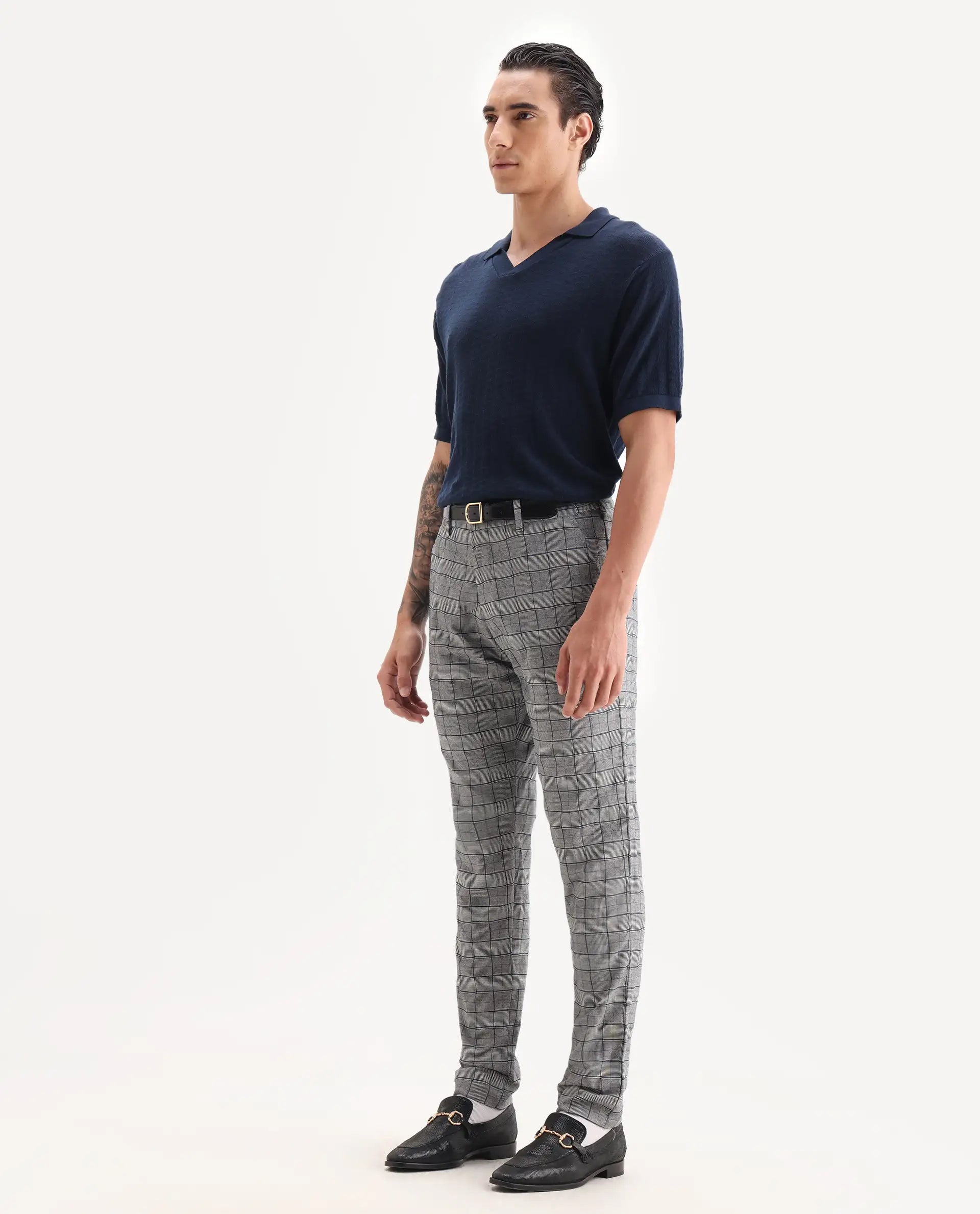 Rare Rabbit Men's Lenid Grey Polyester Checked Print Regular Fit Trouser