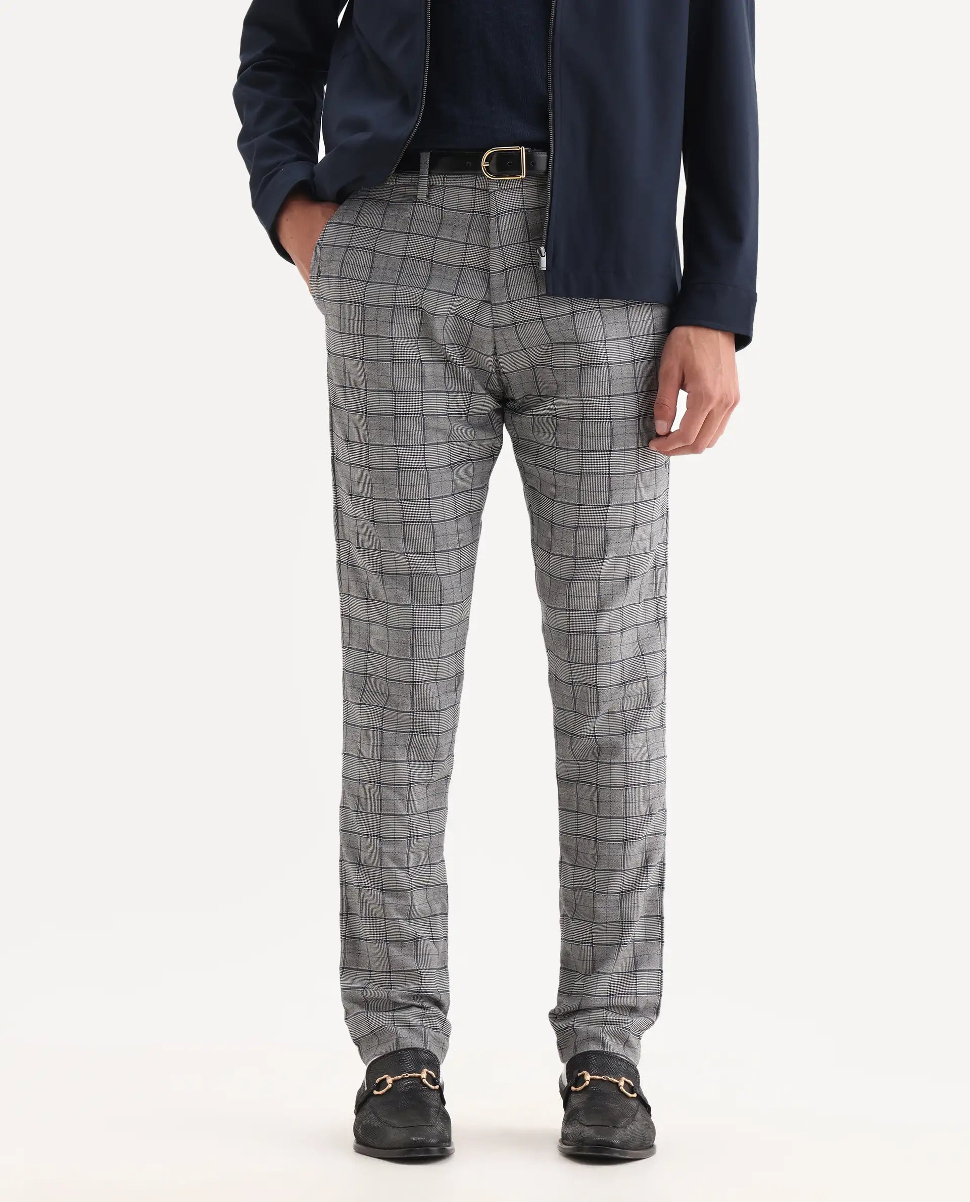 Rare Rabbit Men's Lenid Grey Polyester Checked Print Regular Fit Trouser