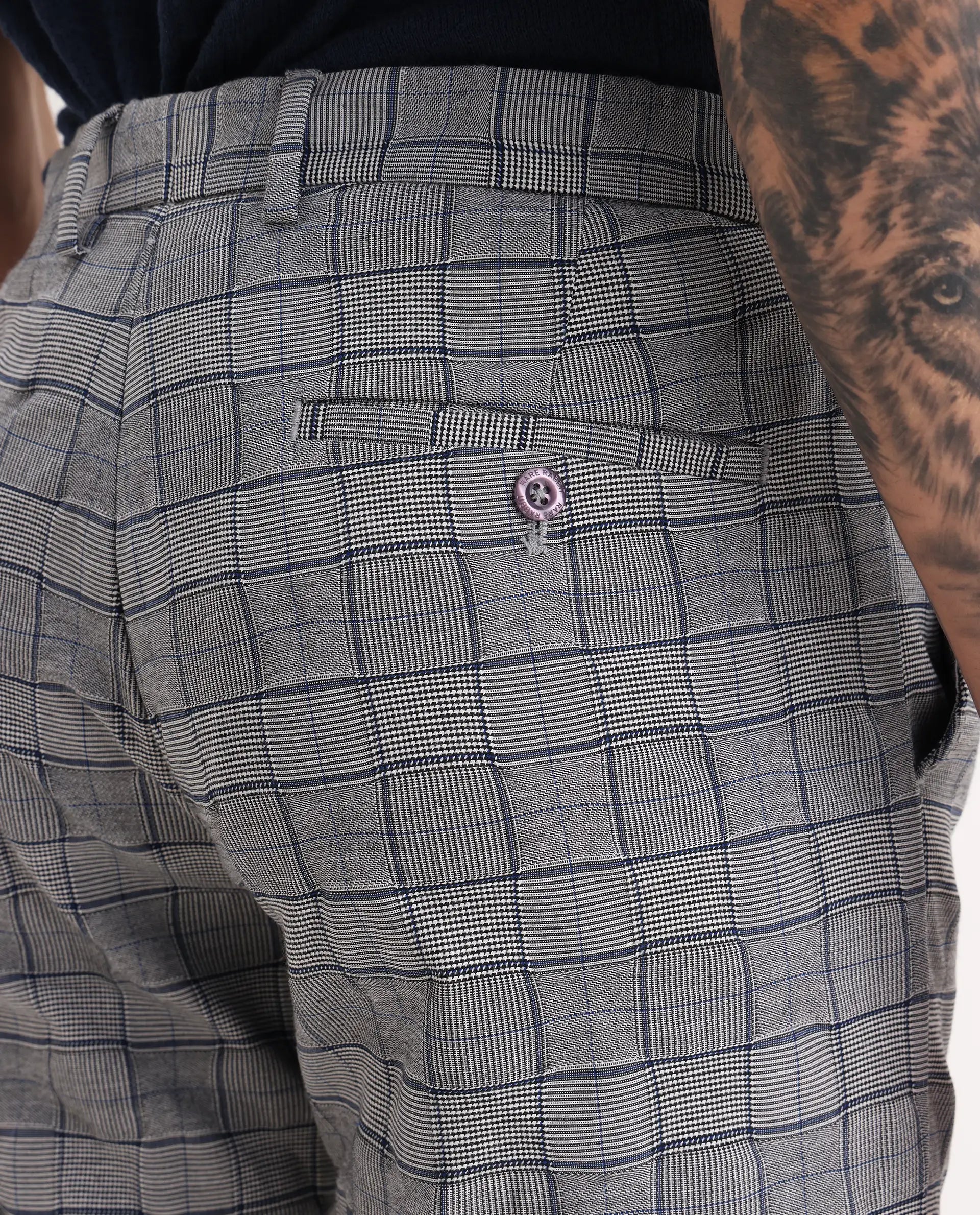 Rare Rabbit Men's Lenid Grey Polyester Checked Print Regular Fit Trouser