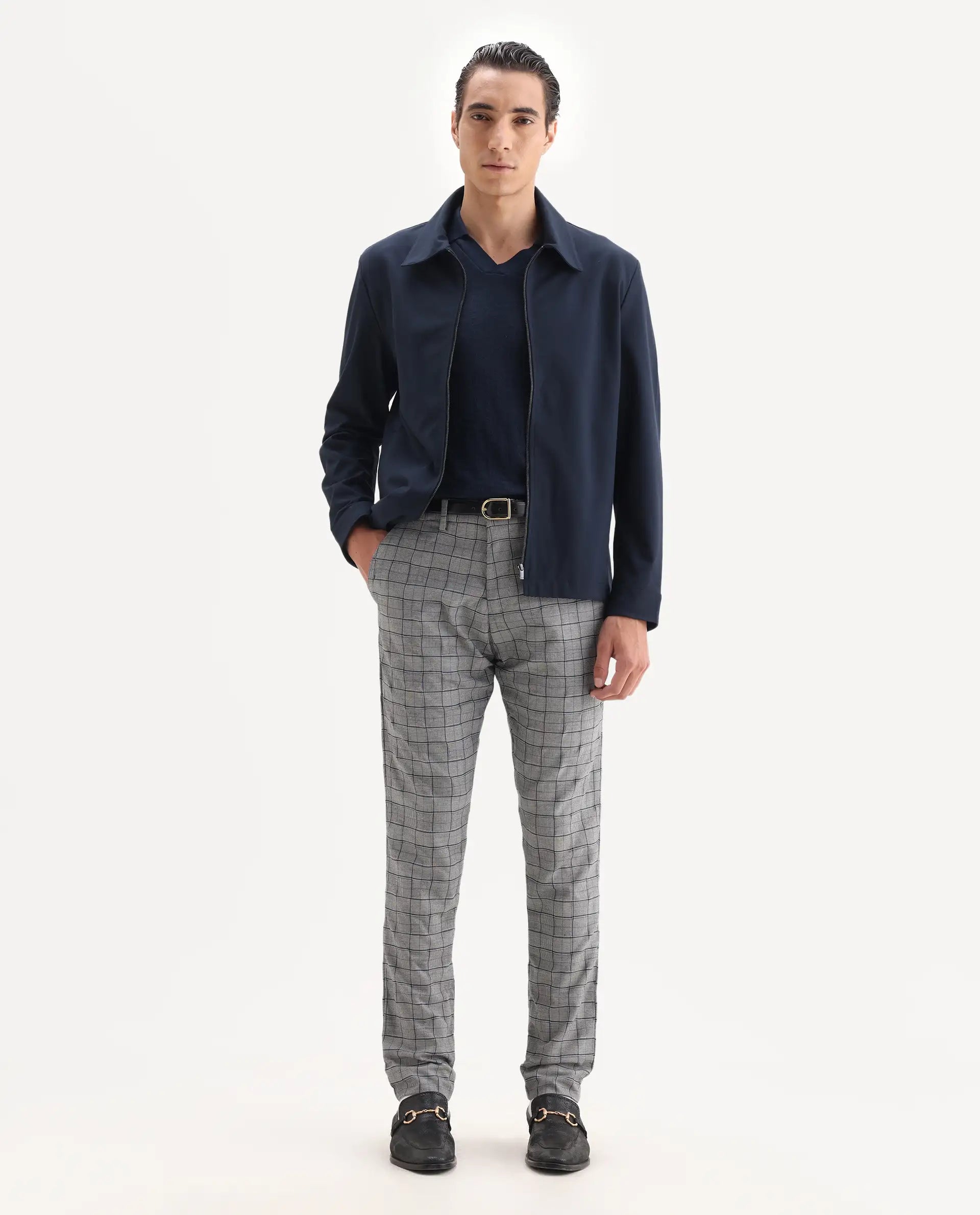 Rare Rabbit Men's Lenid Grey Polyester Checked Print Regular Fit Trouser