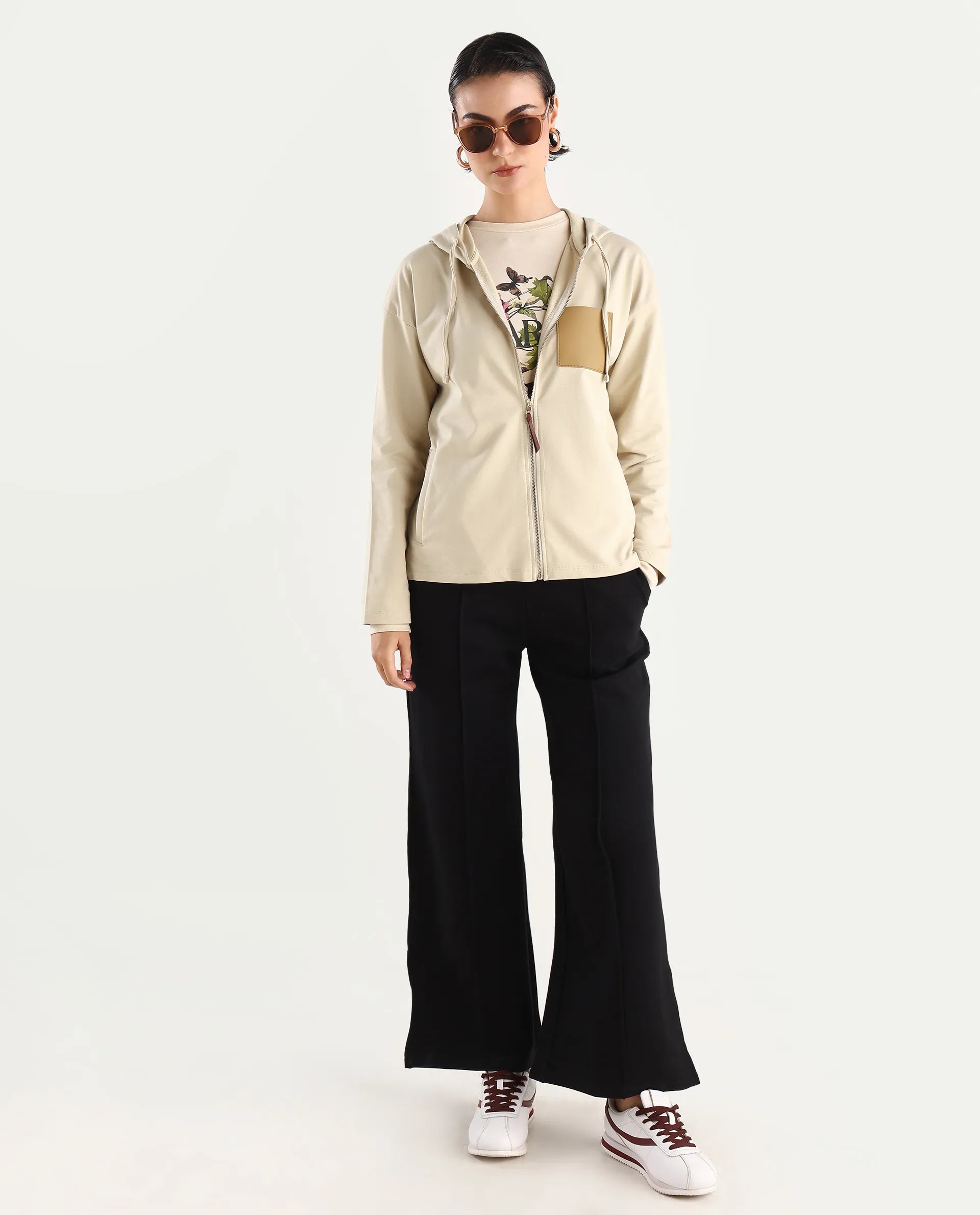 Rareism Women's Leth Light Brown Cotton Blend Hooded Plain Relaxed Fit Sweatshirt